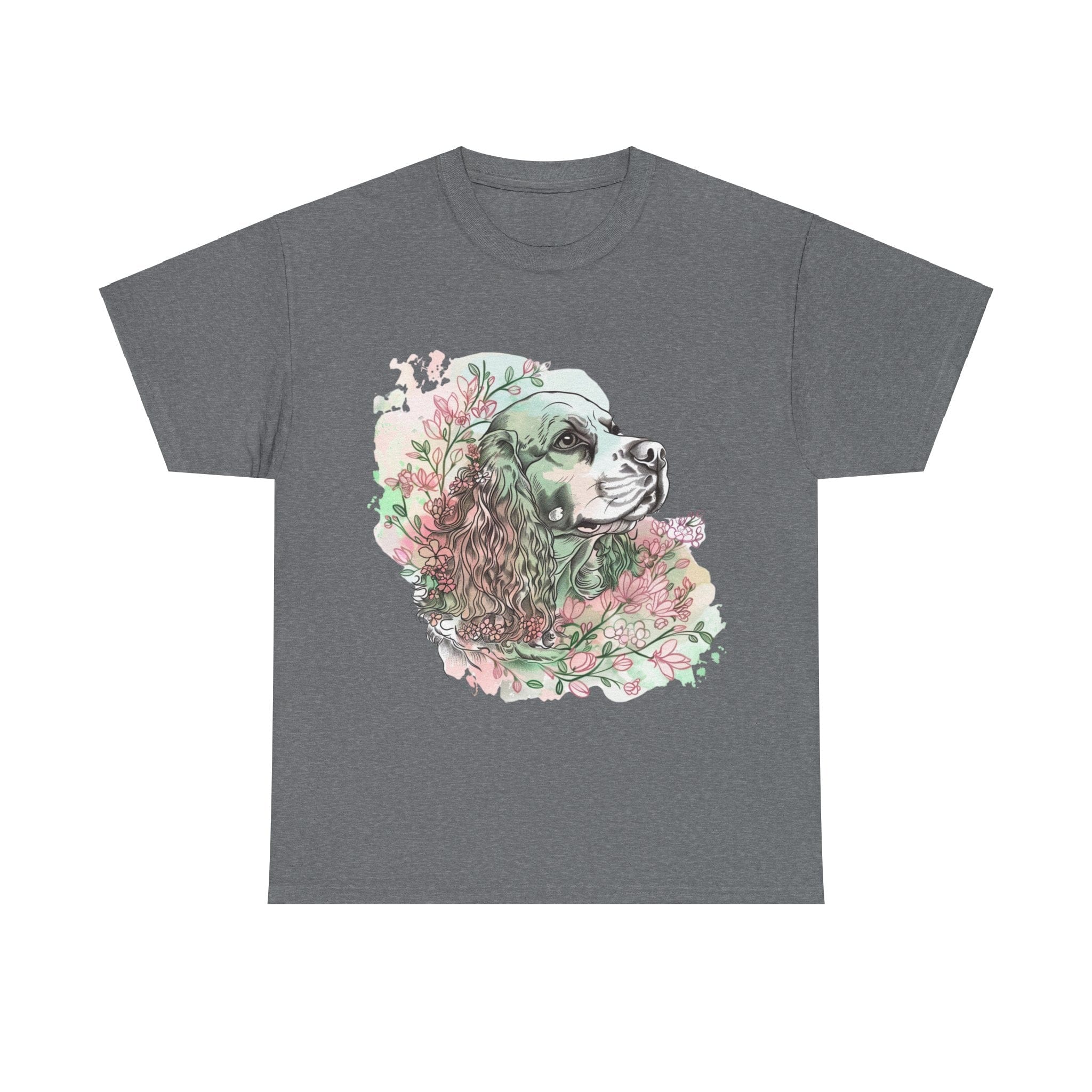 Printify T-Shirt Graphite Heather / S Cocker Spaniel with Floral Accents – Artistic Dog Illustration