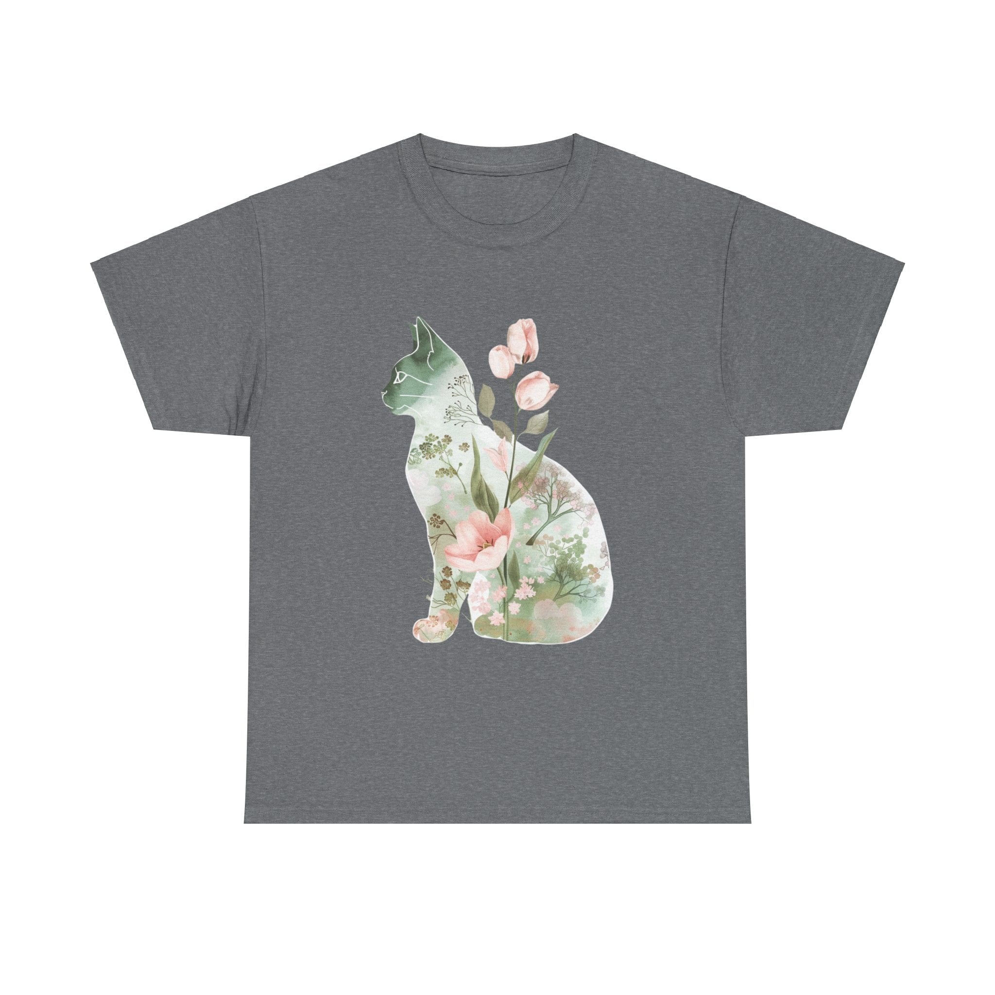 Printify T-Shirt Graphite Heather / S Floral Cat Unisex Heavy Cotton Tee