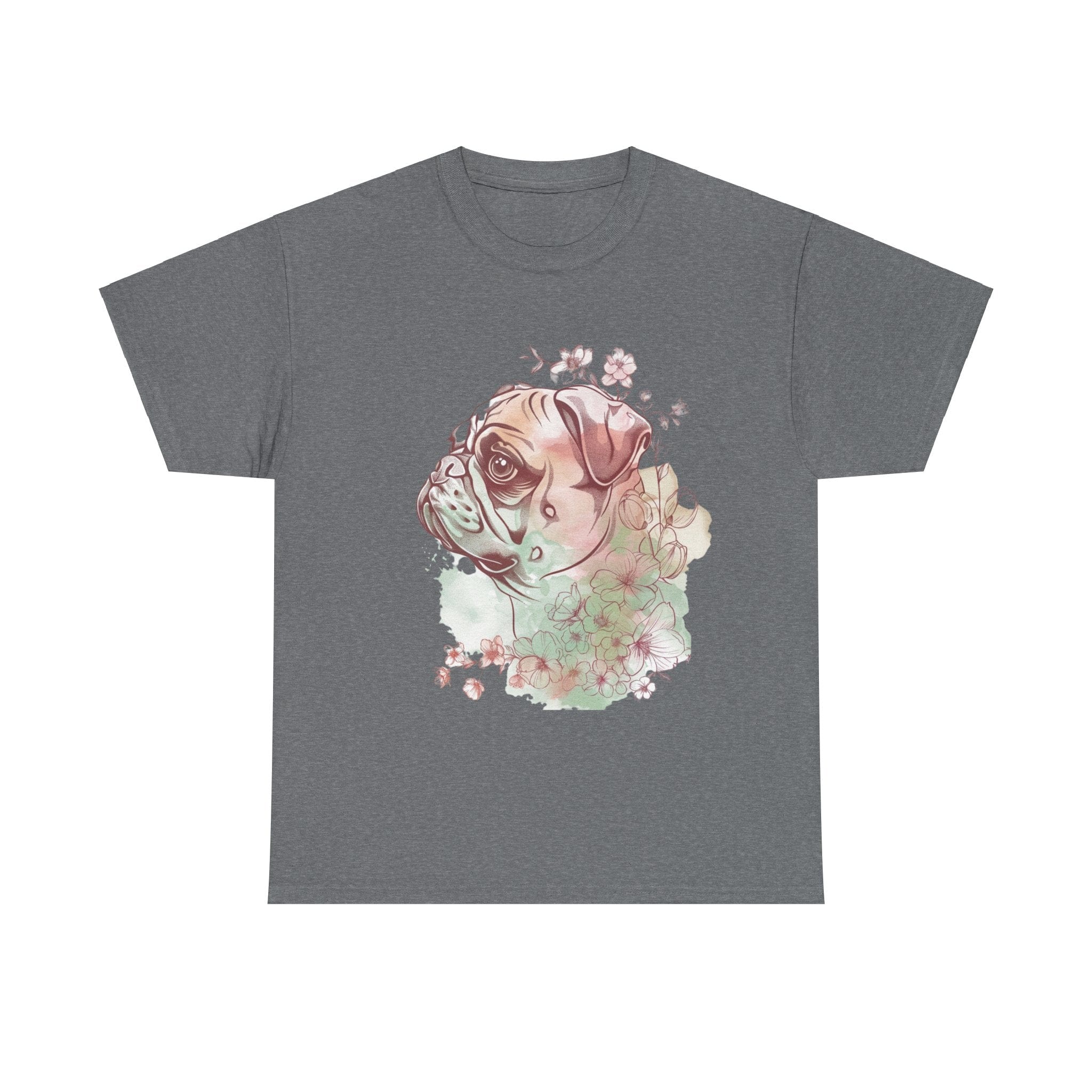 Printify T-Shirt Graphite Heather / S Floral Pug Silhouette Unisex Heavy Cotton Tee