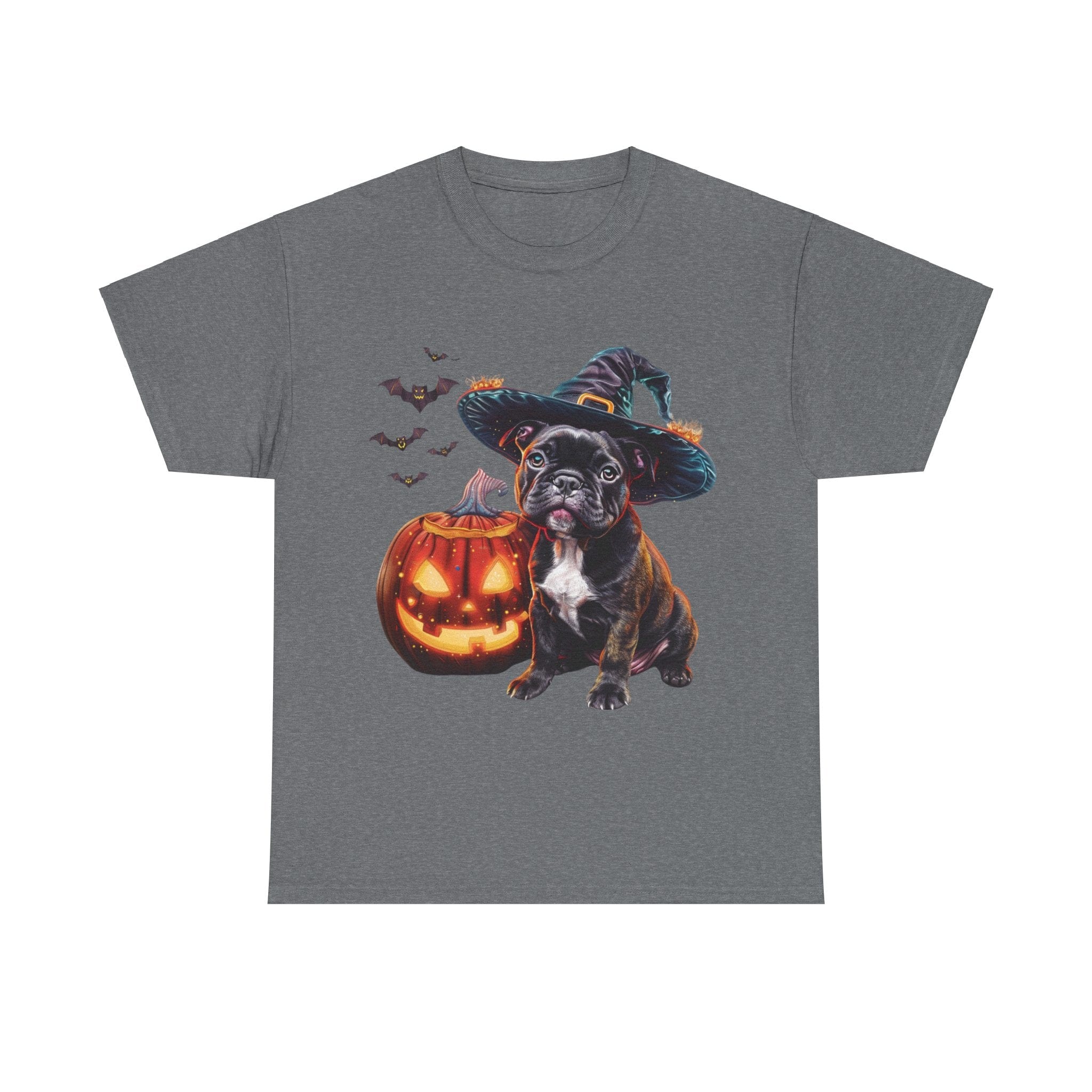 Printify T-Shirt Graphite Heather / S French Bulldog Halloween Witch Hat and Pumpkin Unisex Cotton Tee