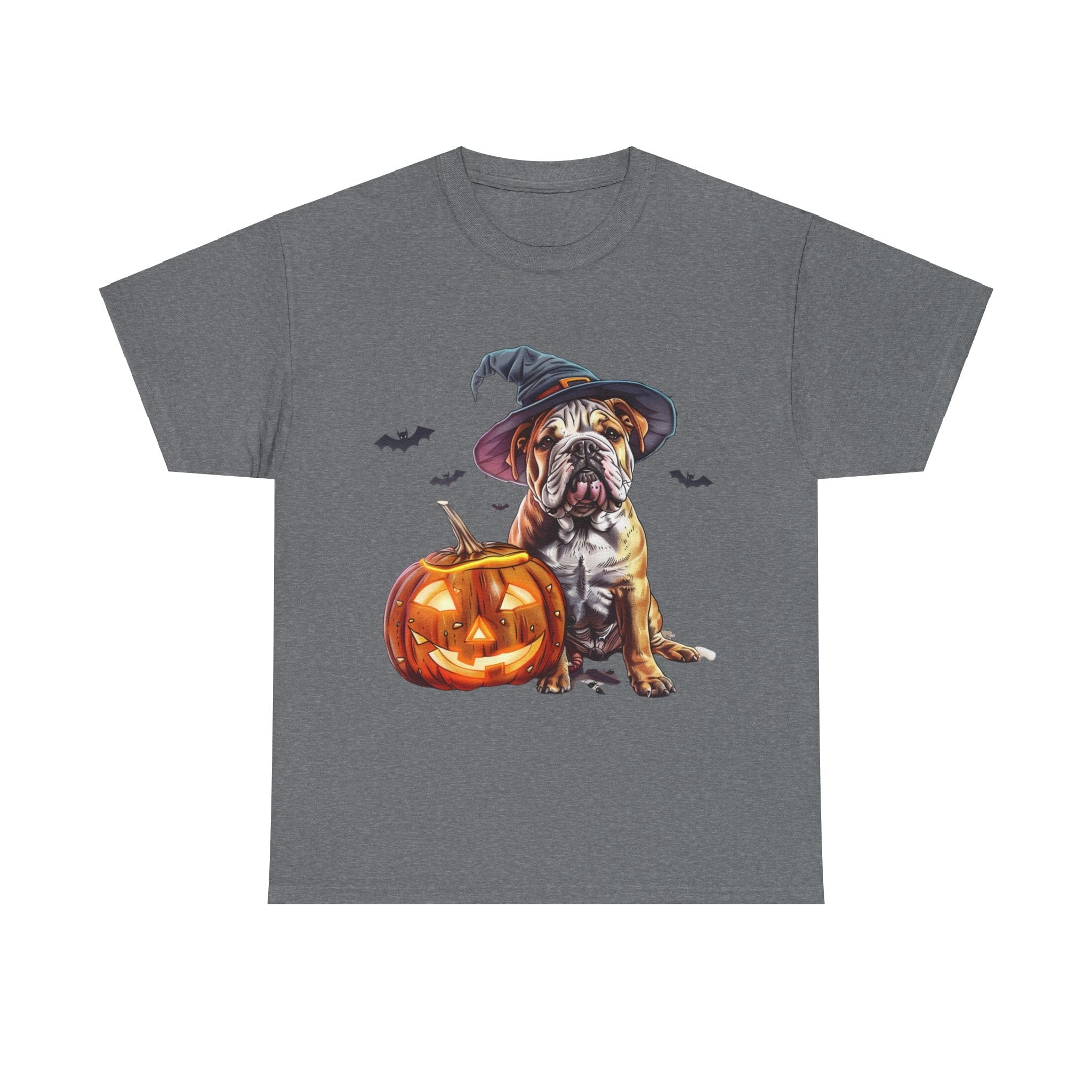 Printify T-Shirt Graphite Heather / S Halloween Bulldog Witch Hat & Pumpkin Glow Unisex Cotton Tee