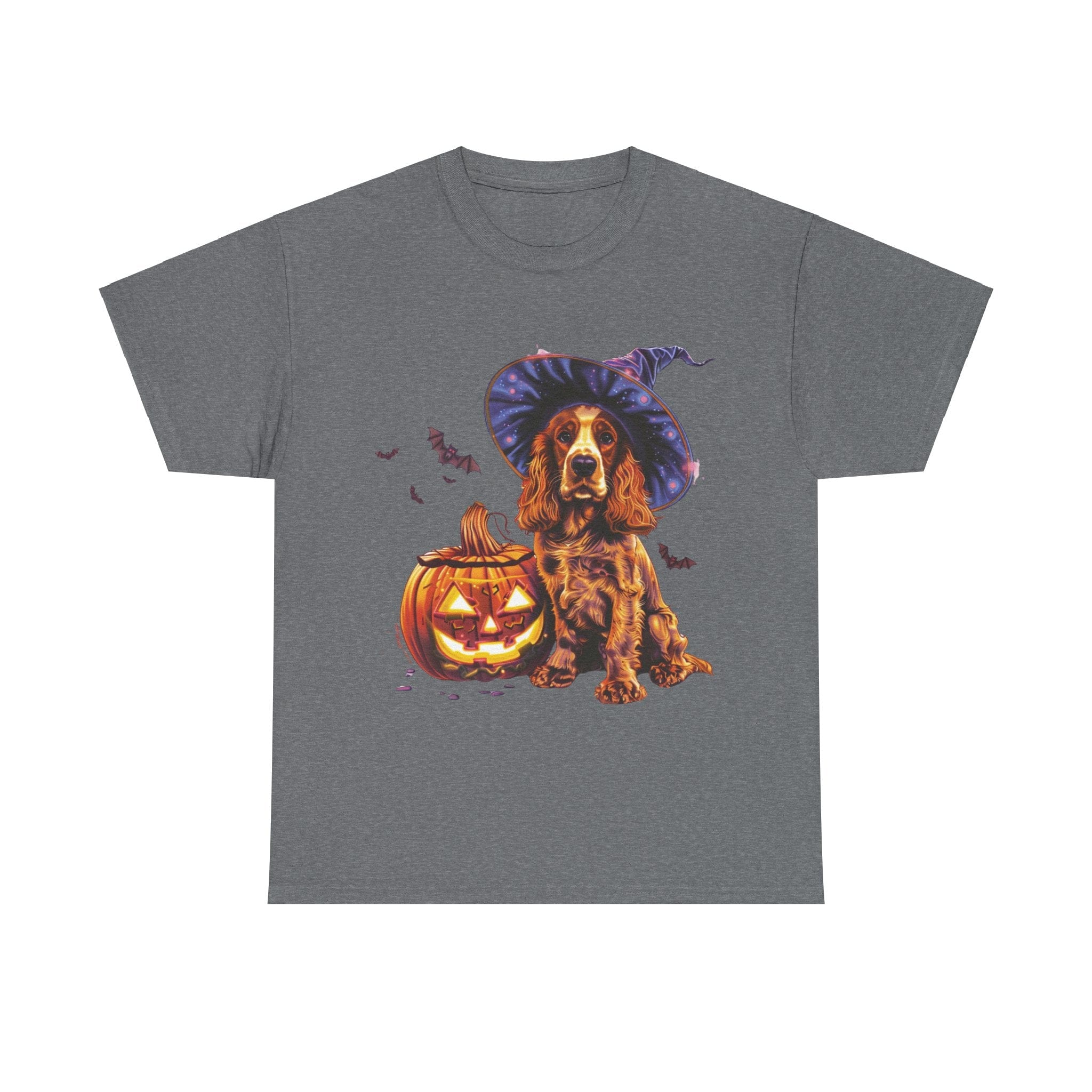 Printify T-Shirt Graphite Heather / S Halloween Cocker Spaniel Witch Hat and Pumpkin Unisex Cotton Tee