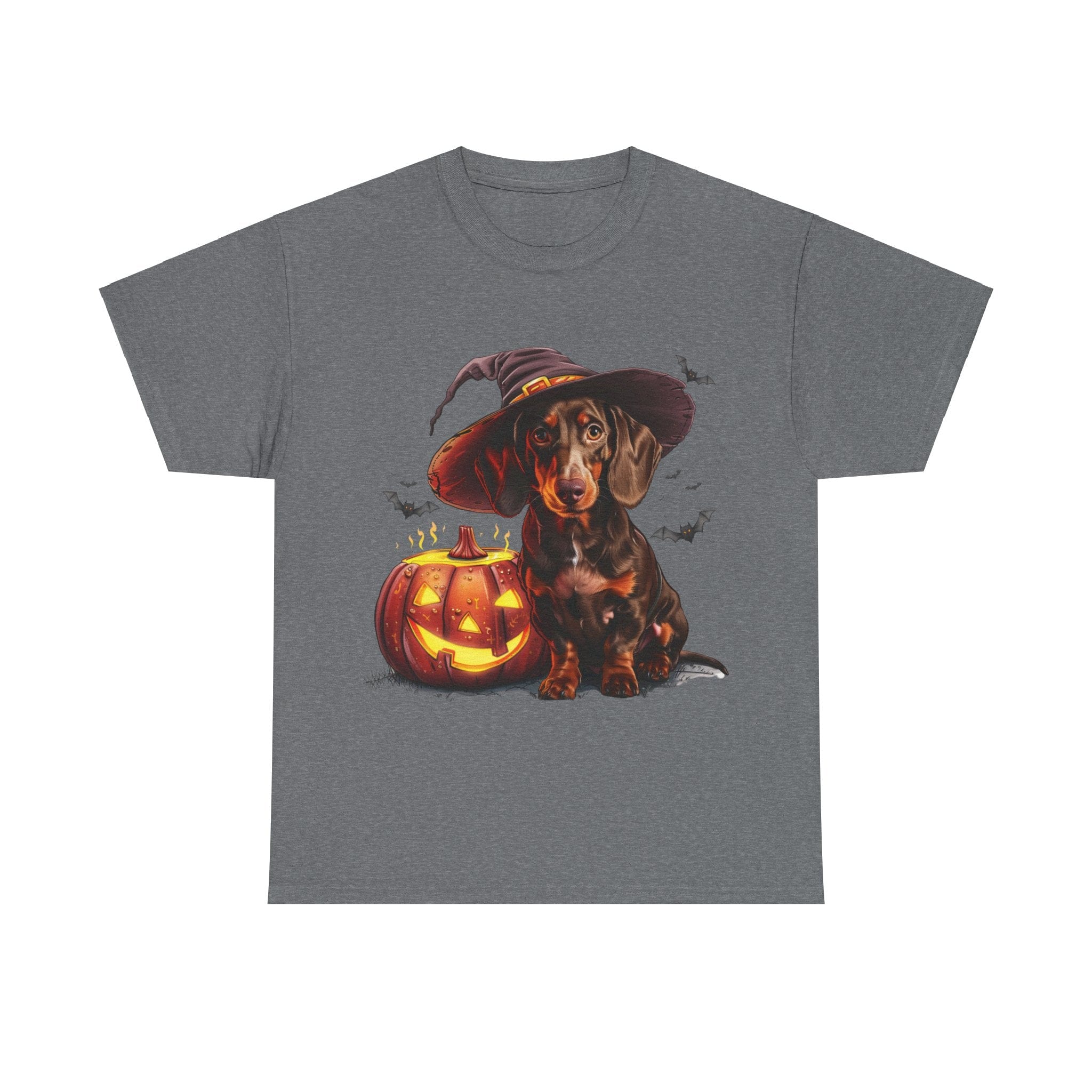 Printify T-Shirt Graphite Heather / S Halloween Dachshund in Witch Hat Tee – Unisex Cotton Shirt