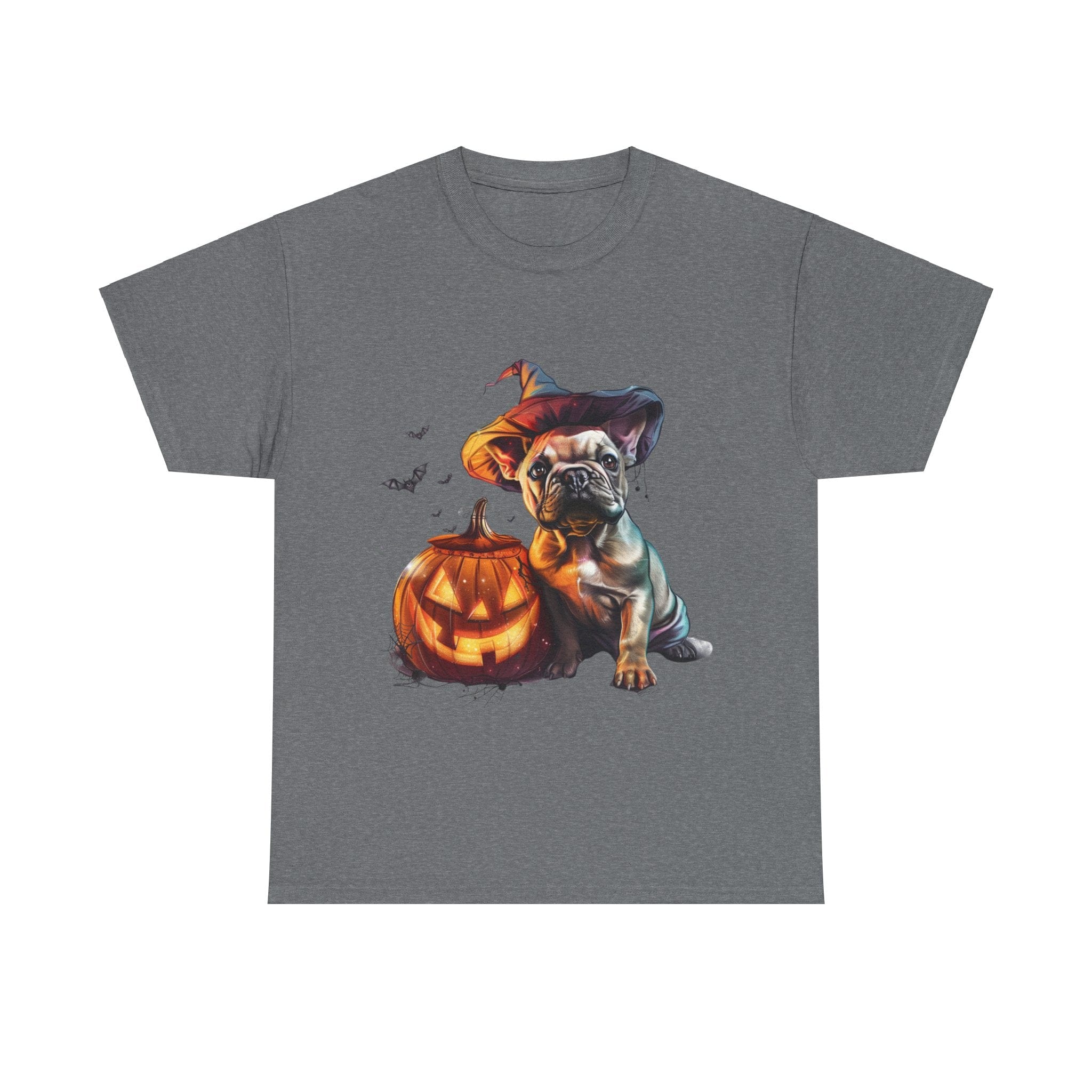 Printify T-Shirt Graphite Heather / S Halloween French Bulldog with Pumpkin and Witch Hat Unisex Cotton Tee