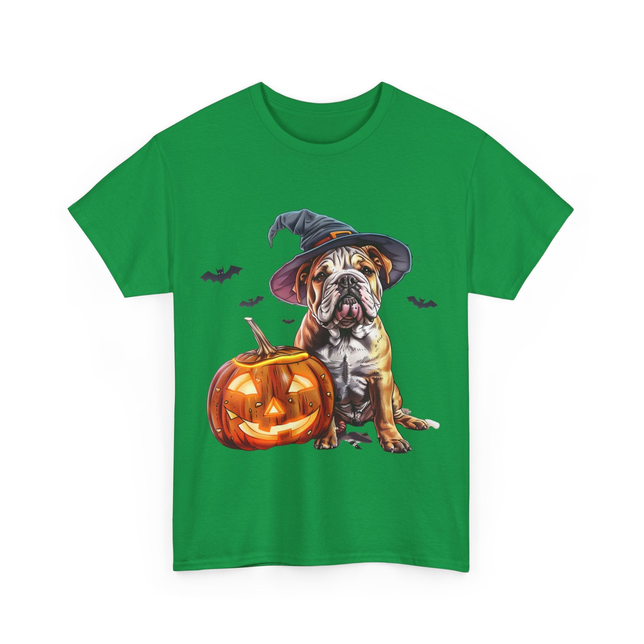 Printify T-Shirt Halloween Bulldog Witch Hat & Pumpkin Glow Unisex Cotton Tee