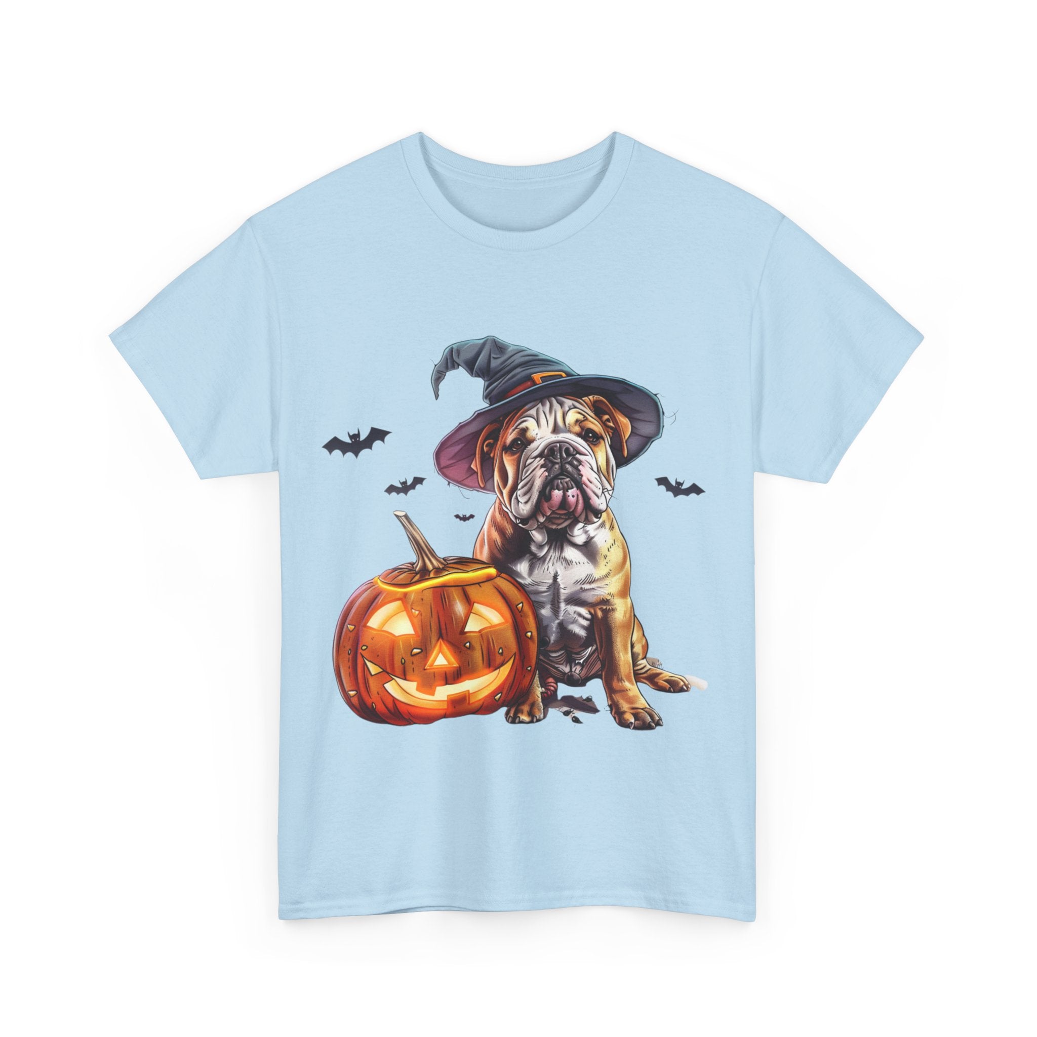 Printify T-Shirt Halloween Bulldog Witch Hat & Pumpkin Glow Unisex Cotton Tee