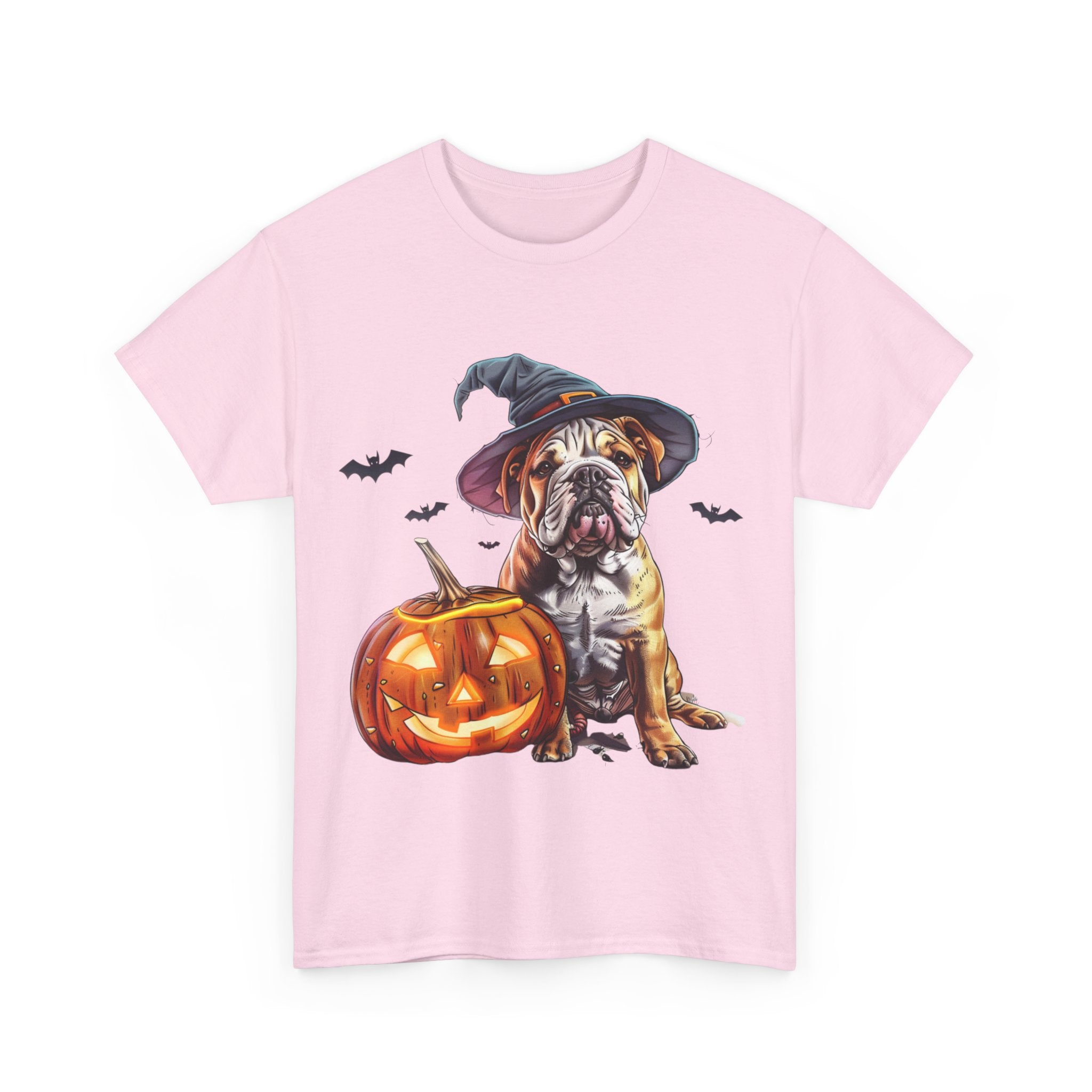 Printify T-Shirt Halloween Bulldog Witch Hat & Pumpkin Glow Unisex Cotton Tee