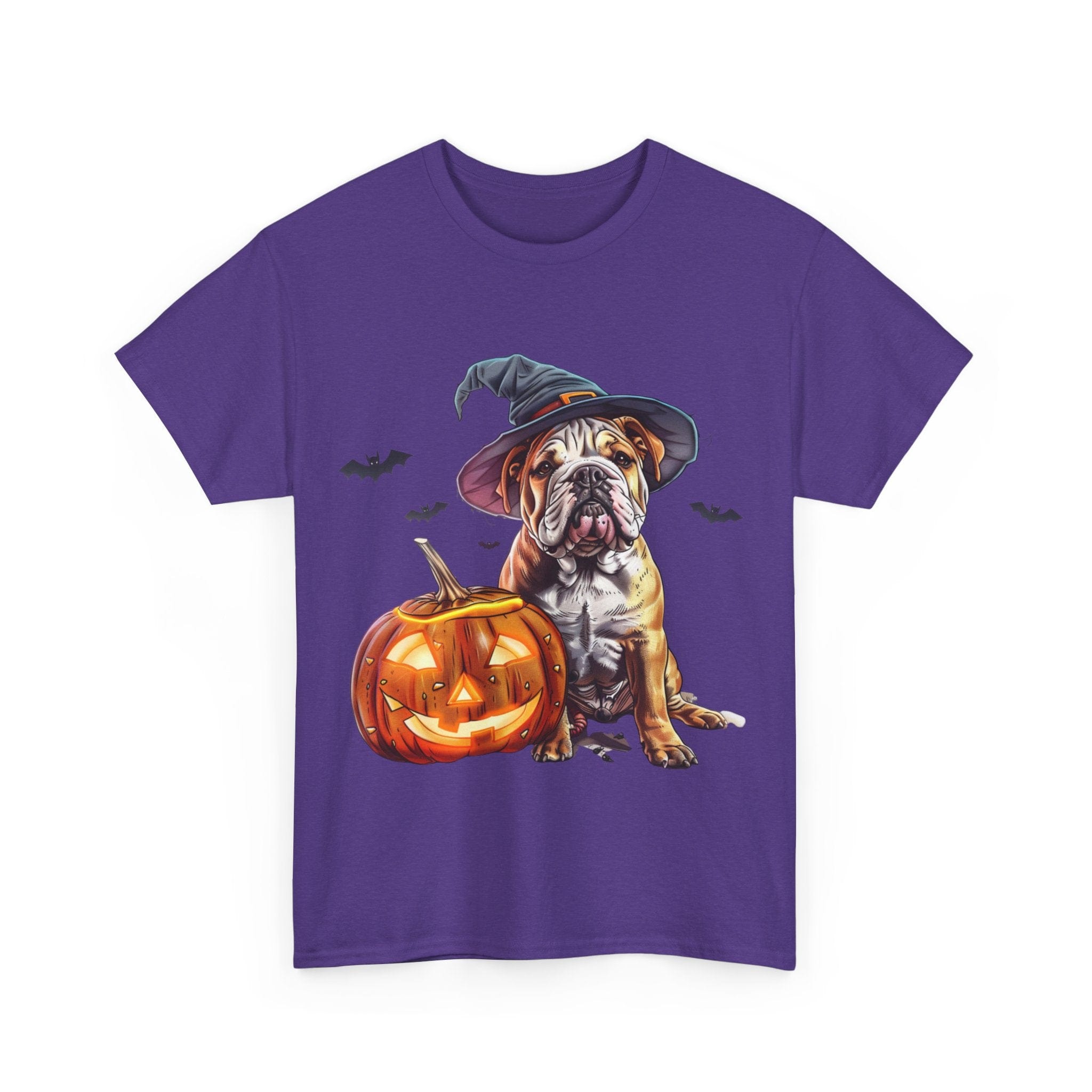 Printify T-Shirt Halloween Bulldog Witch Hat & Pumpkin Glow Unisex Cotton Tee