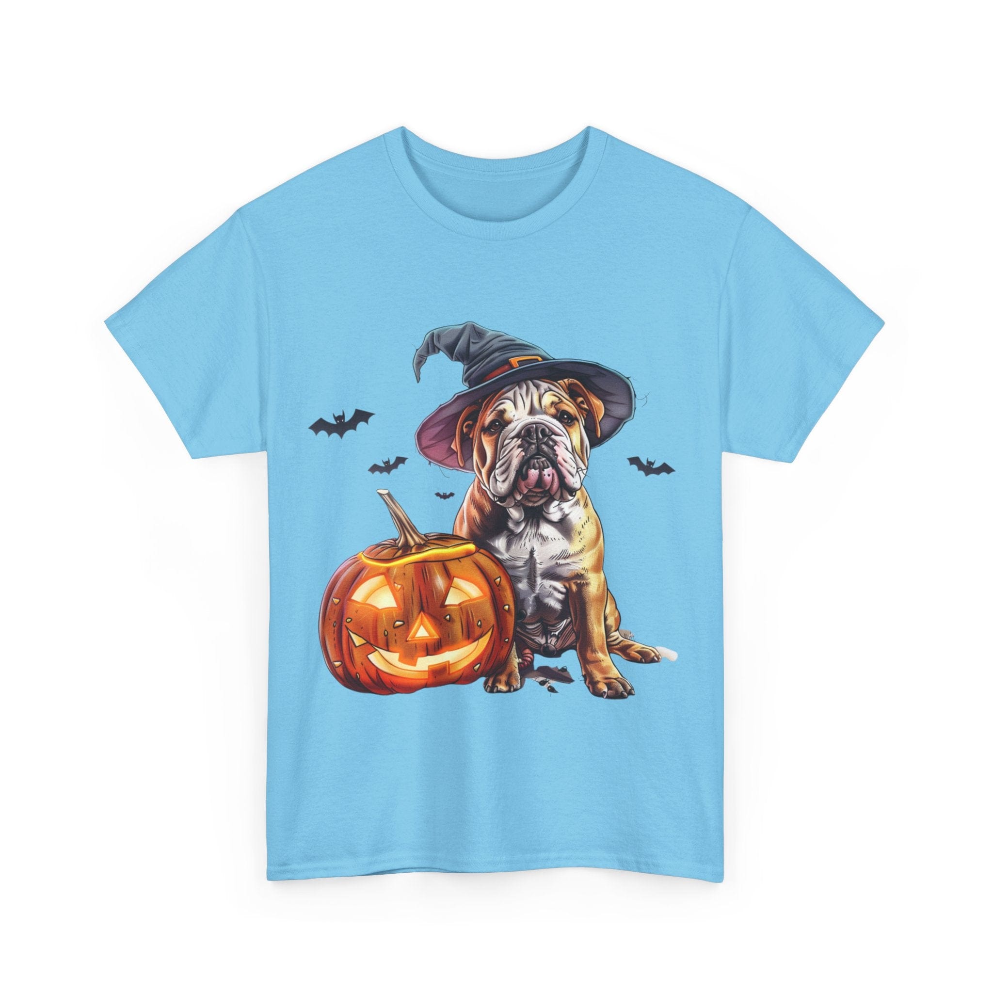 Printify T-Shirt Halloween Bulldog Witch Hat & Pumpkin Glow Unisex Cotton Tee