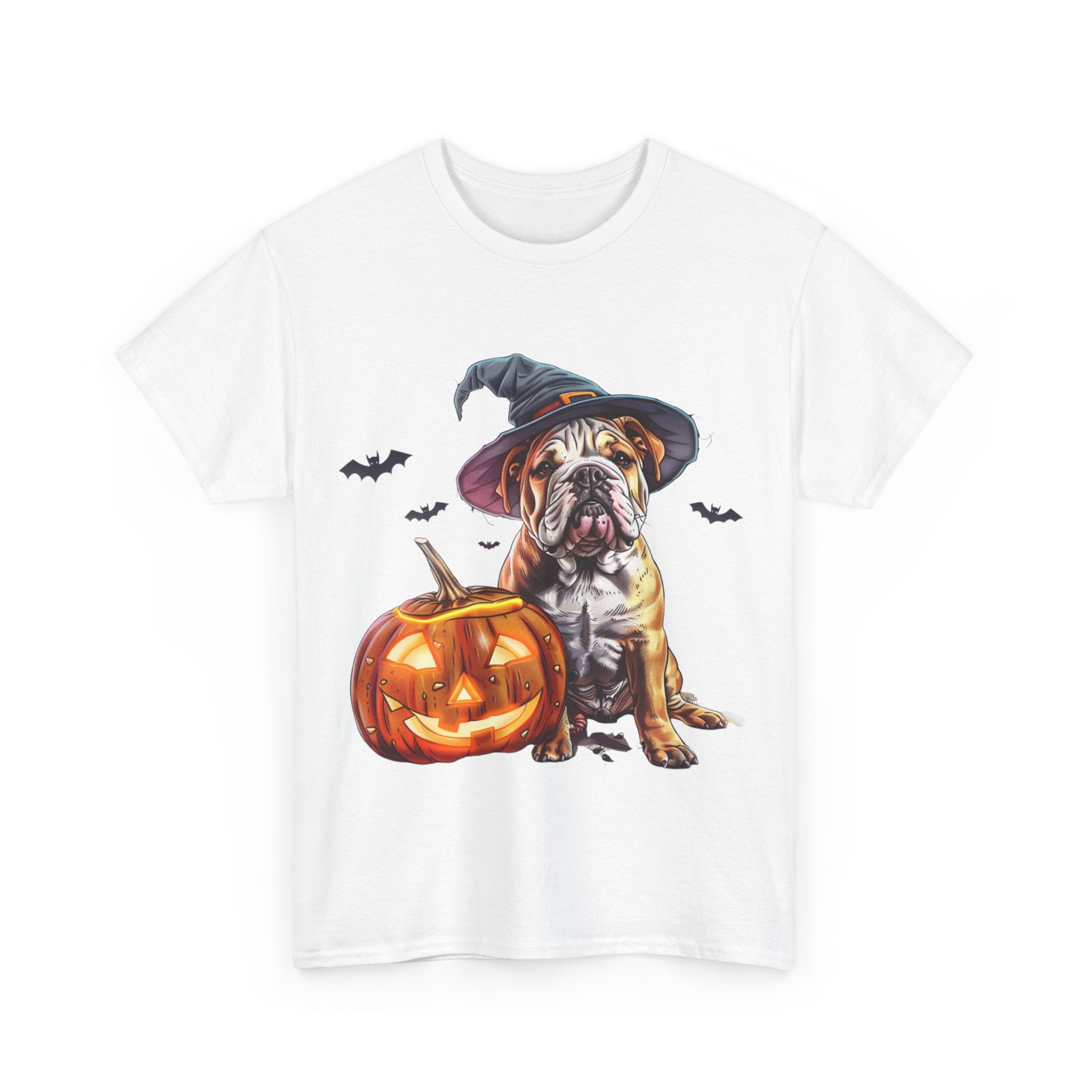 Printify T-Shirt Halloween Bulldog Witch Hat & Pumpkin Glow Unisex Cotton Tee