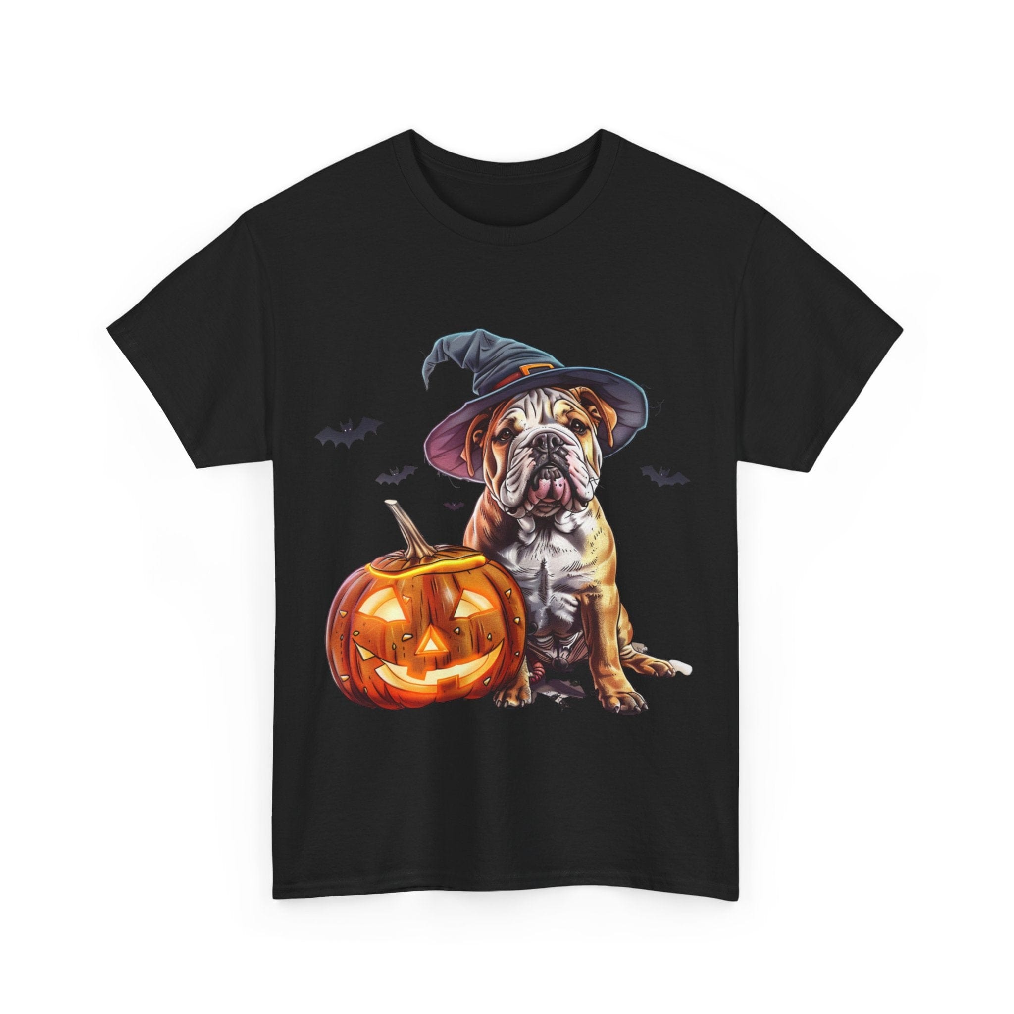 Printify T-Shirt Halloween Bulldog Witch Hat & Pumpkin Glow Unisex Cotton Tee