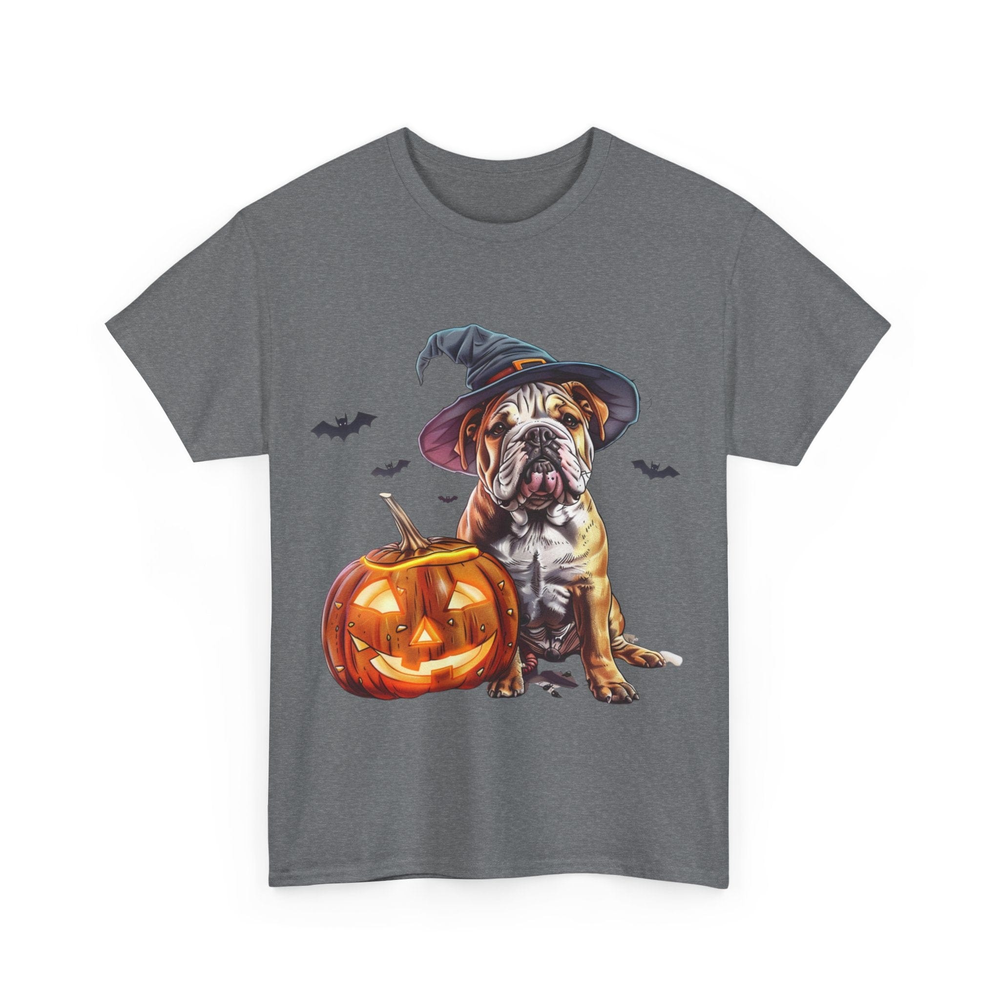 Printify T-Shirt Halloween Bulldog Witch Hat & Pumpkin Glow Unisex Cotton Tee