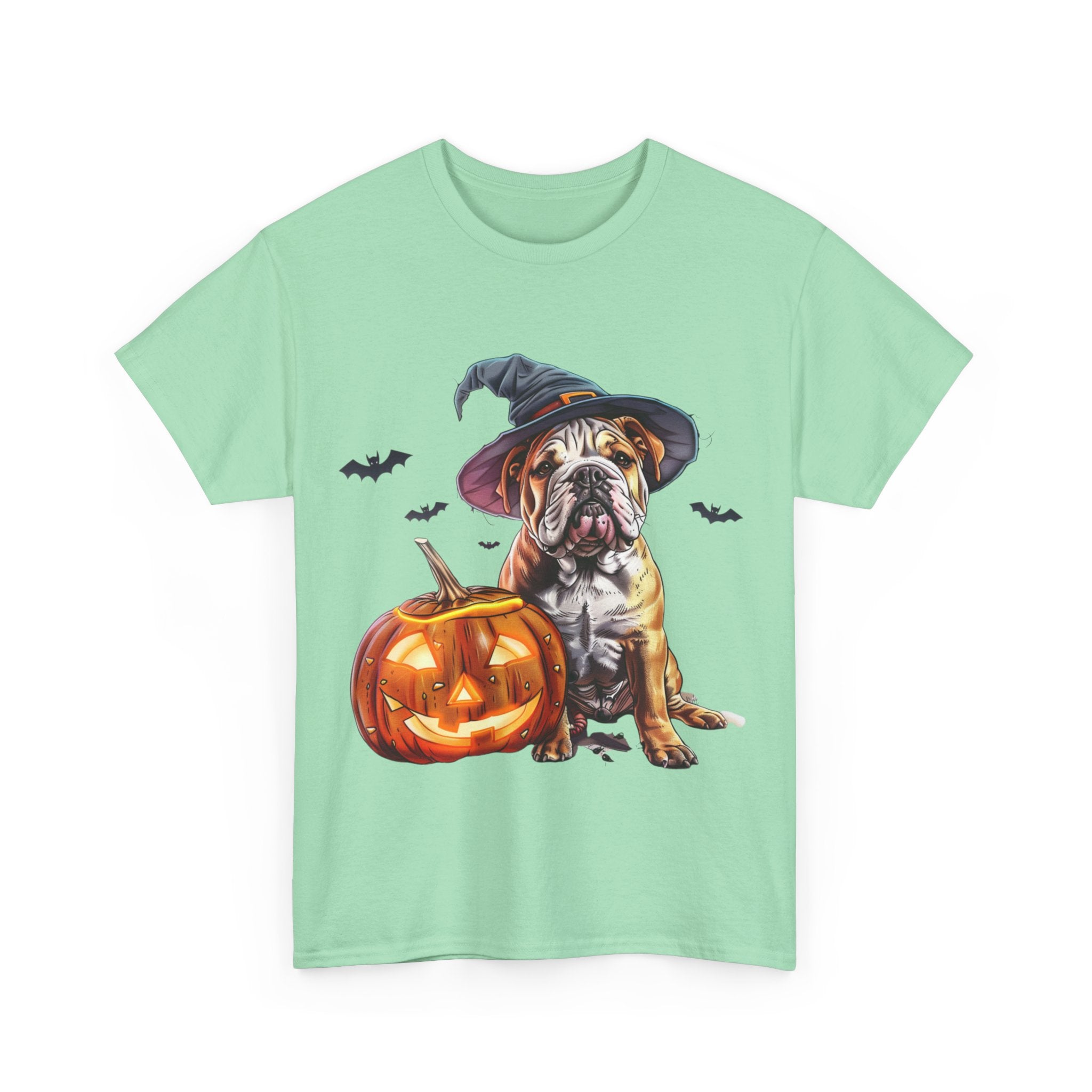 Printify T-Shirt Halloween Bulldog Witch Hat & Pumpkin Glow Unisex Cotton Tee