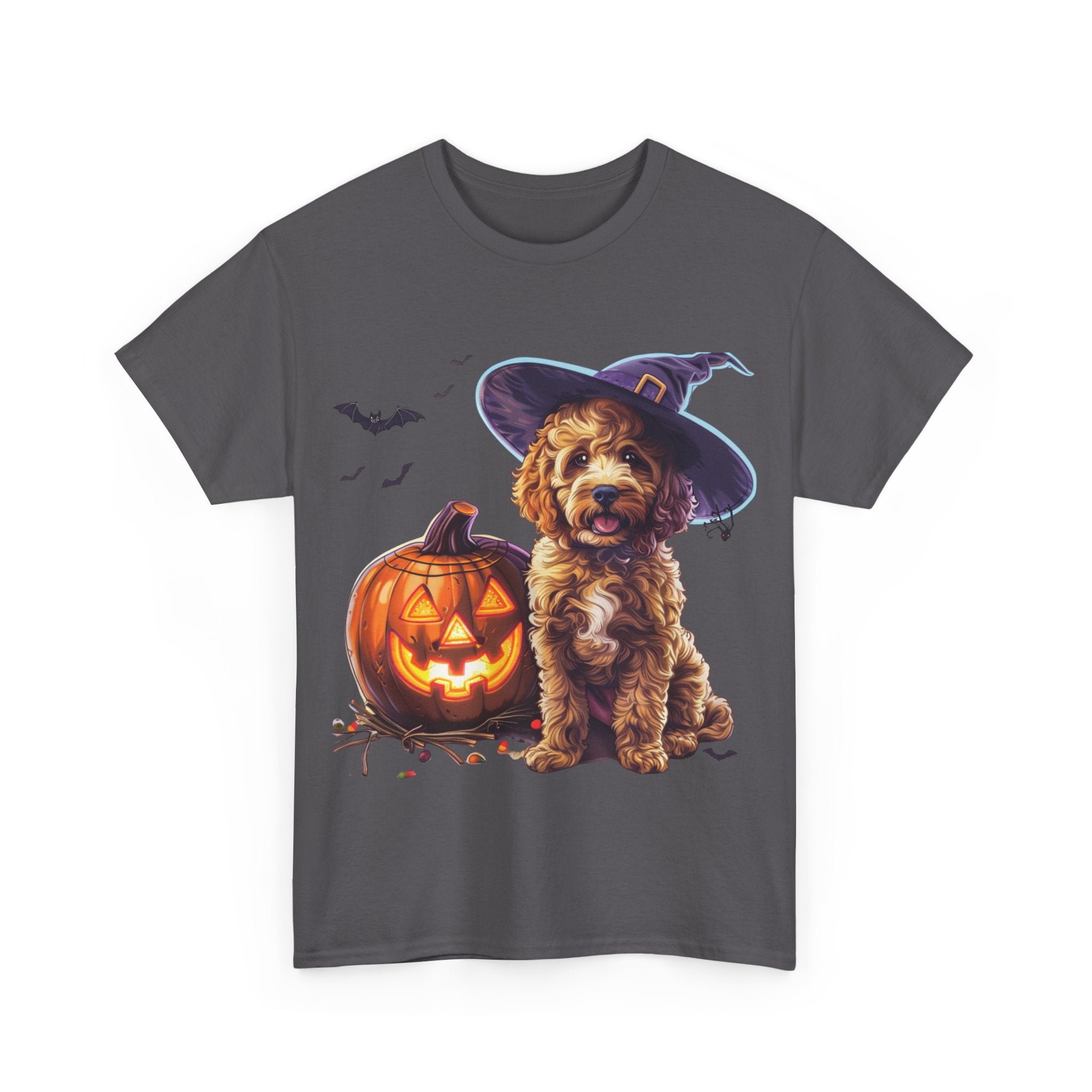 Printify T-Shirt Halloween Cockapoo Witch Hat & Glowing Pumpkin Unisex Cotton Tee