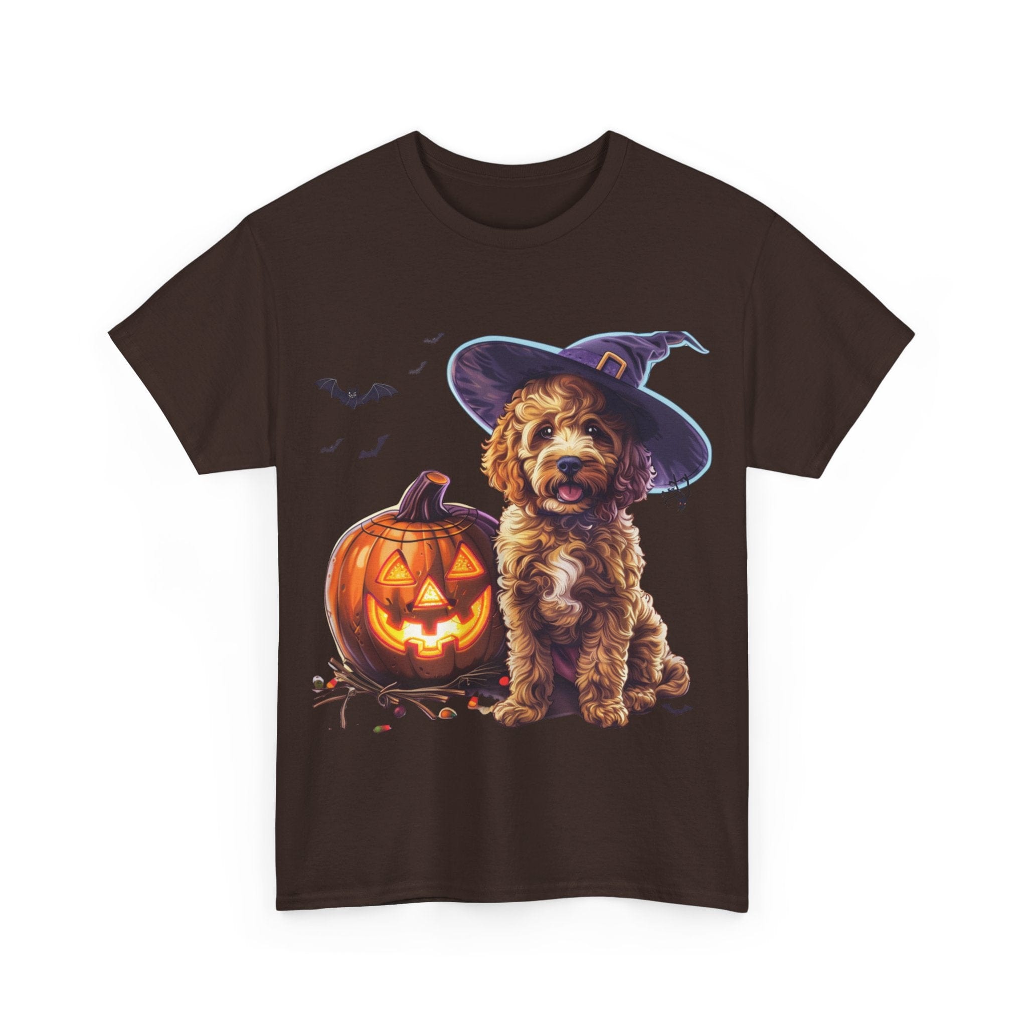 Printify T-Shirt Halloween Cockapoo Witch Hat & Glowing Pumpkin Unisex Cotton Tee