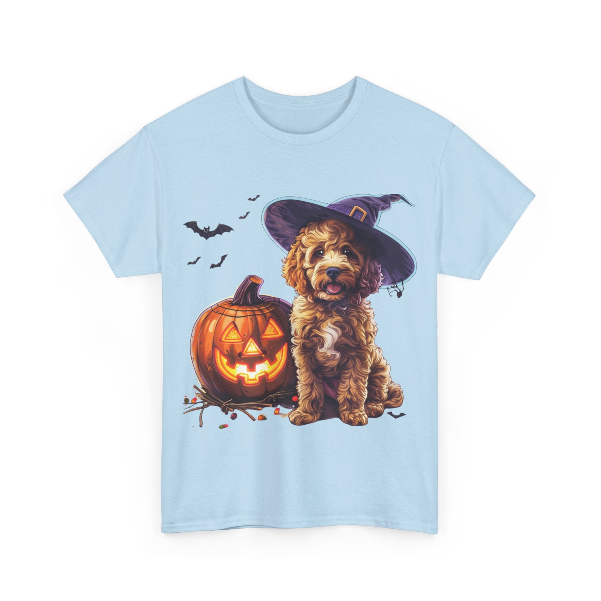 Printify T-Shirt Halloween Cockapoo Witch Hat & Glowing Pumpkin Unisex Cotton Tee