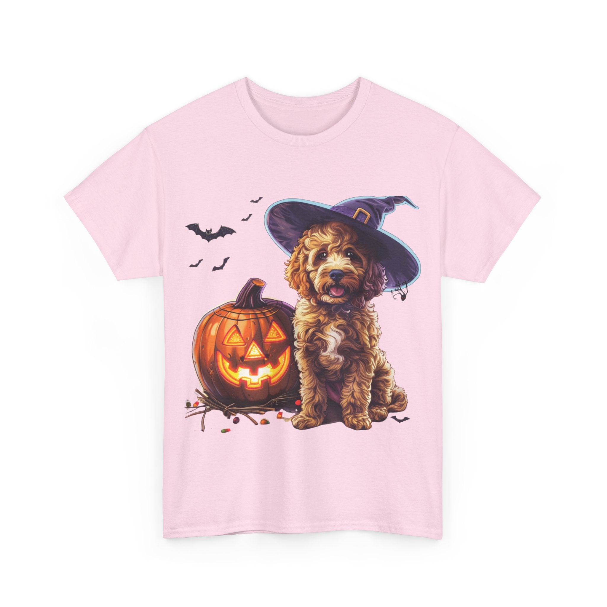 Printify T-Shirt Halloween Cockapoo Witch Hat & Glowing Pumpkin Unisex Cotton Tee