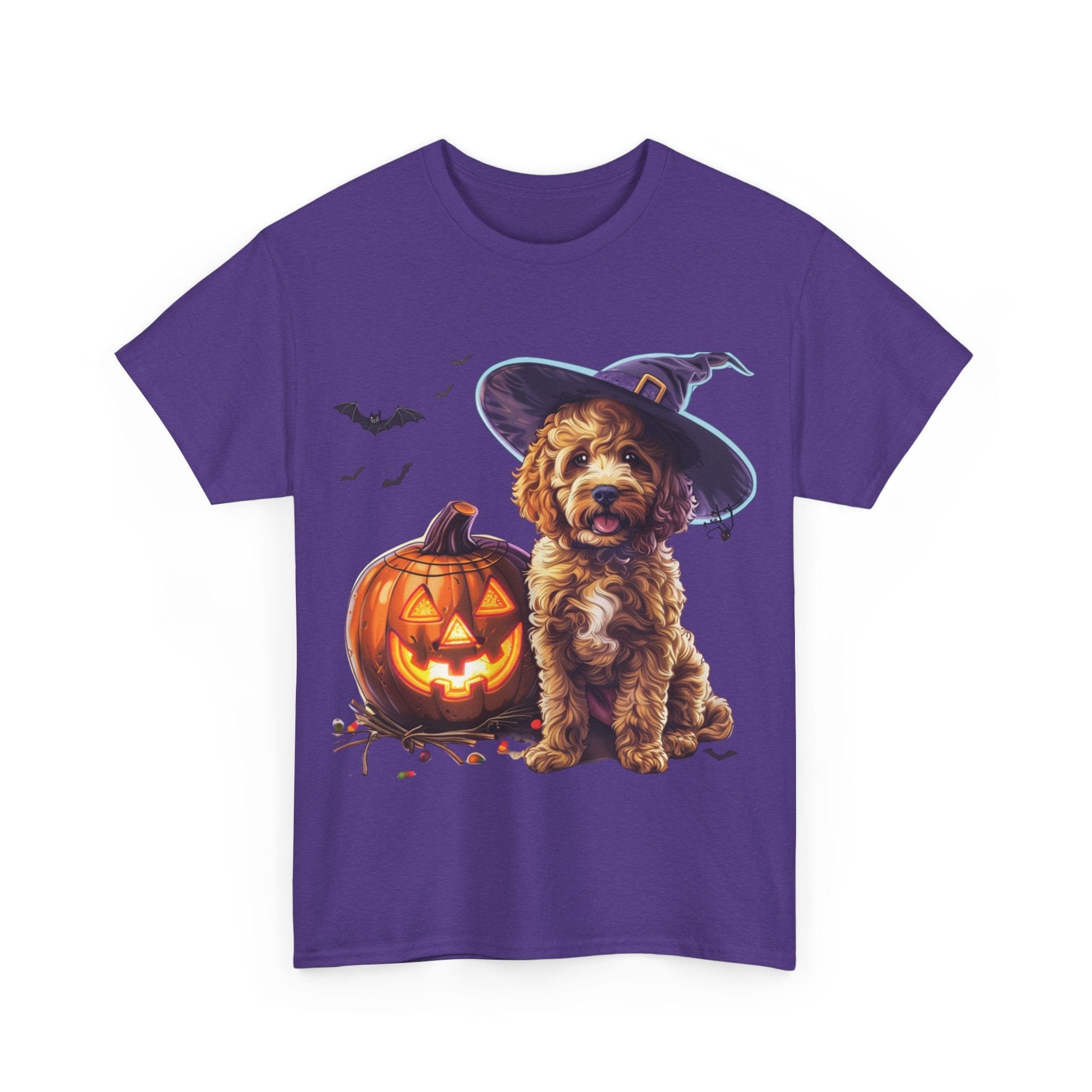 Printify T-Shirt Halloween Cockapoo Witch Hat & Glowing Pumpkin Unisex Cotton Tee