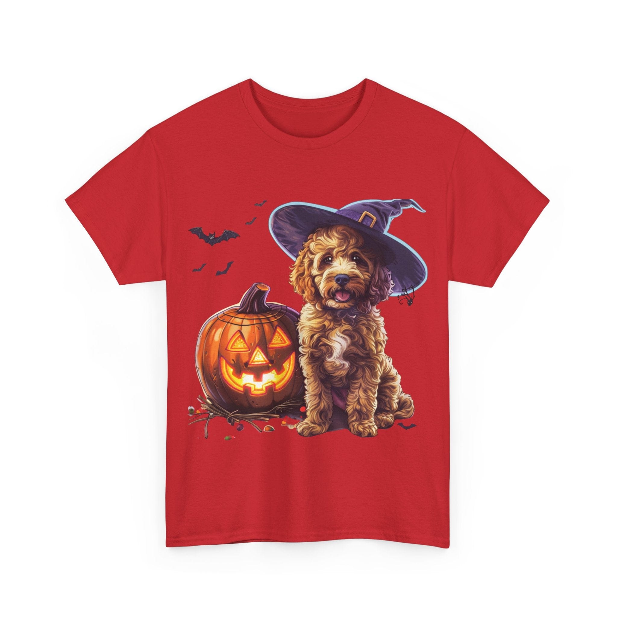 Printify T-Shirt Halloween Cockapoo Witch Hat & Glowing Pumpkin Unisex Cotton Tee