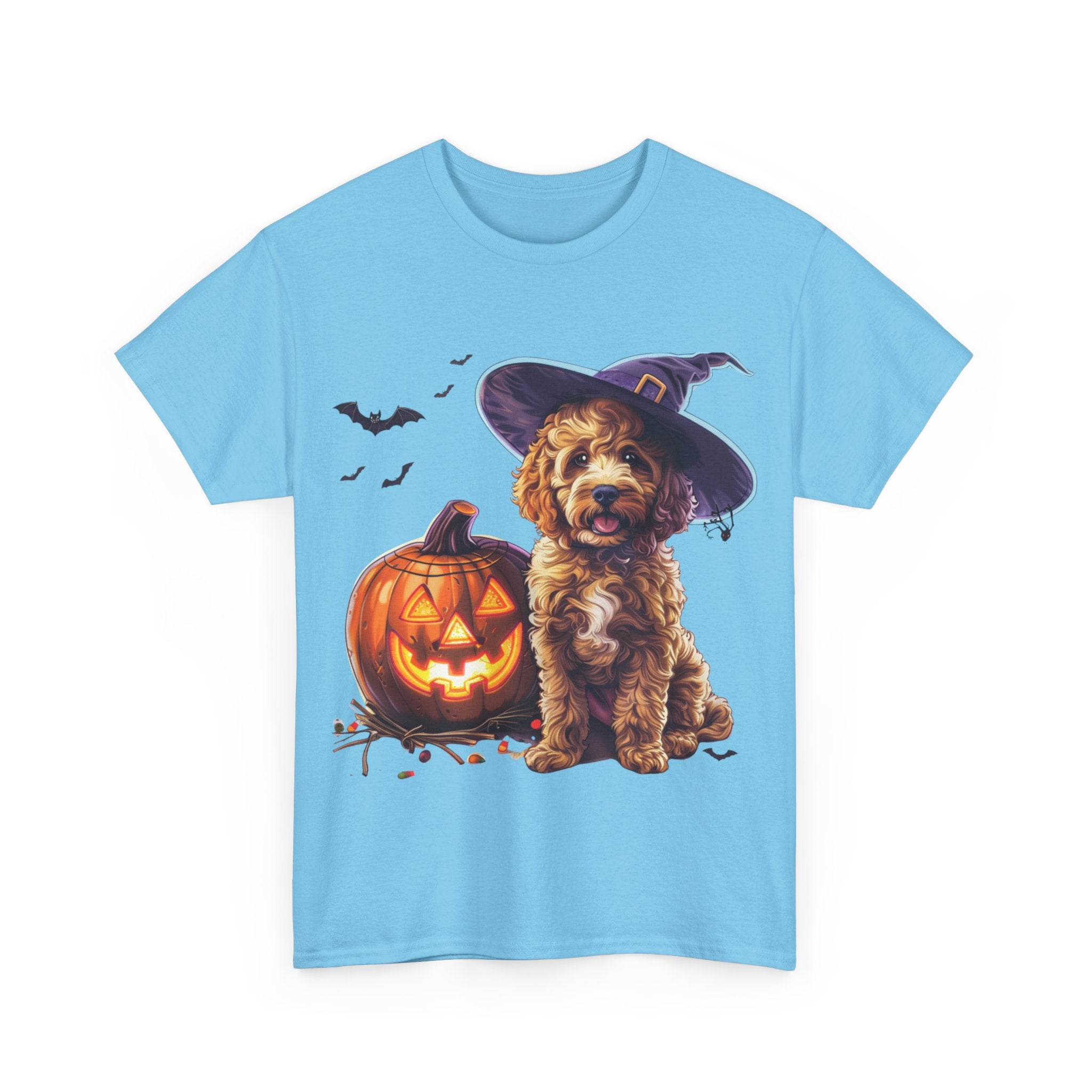 Printify T-Shirt Halloween Cockapoo Witch Hat & Glowing Pumpkin Unisex Cotton Tee