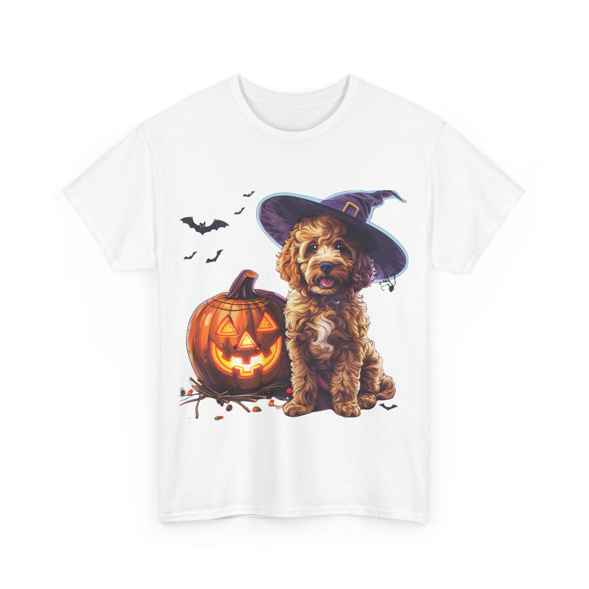 Printify T-Shirt Halloween Cockapoo Witch Hat & Glowing Pumpkin Unisex Cotton Tee