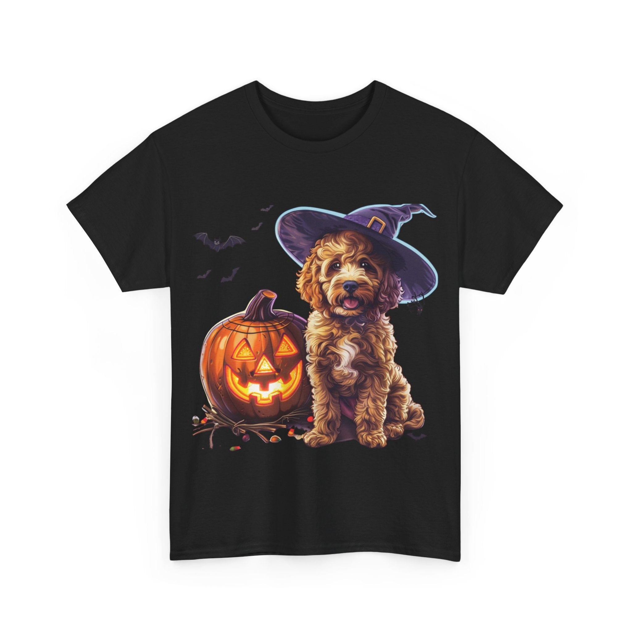 Printify T-Shirt Halloween Cockapoo Witch Hat & Glowing Pumpkin Unisex Cotton Tee