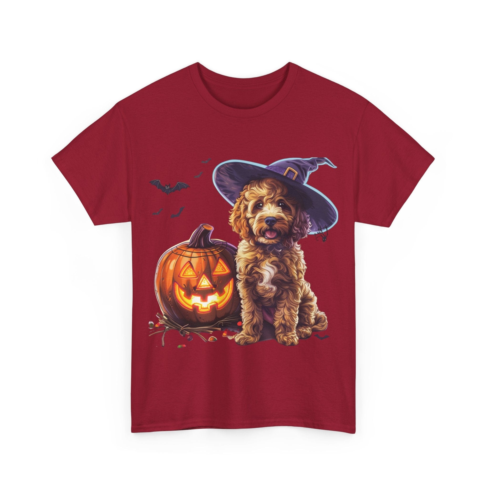 Printify T-Shirt Halloween Cockapoo Witch Hat & Glowing Pumpkin Unisex Cotton Tee