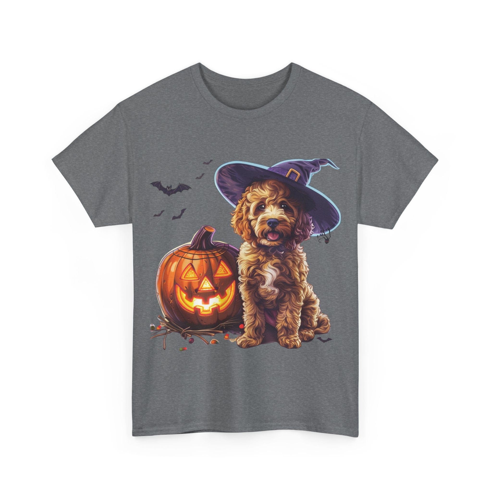 Printify T-Shirt Halloween Cockapoo Witch Hat & Glowing Pumpkin Unisex Cotton Tee