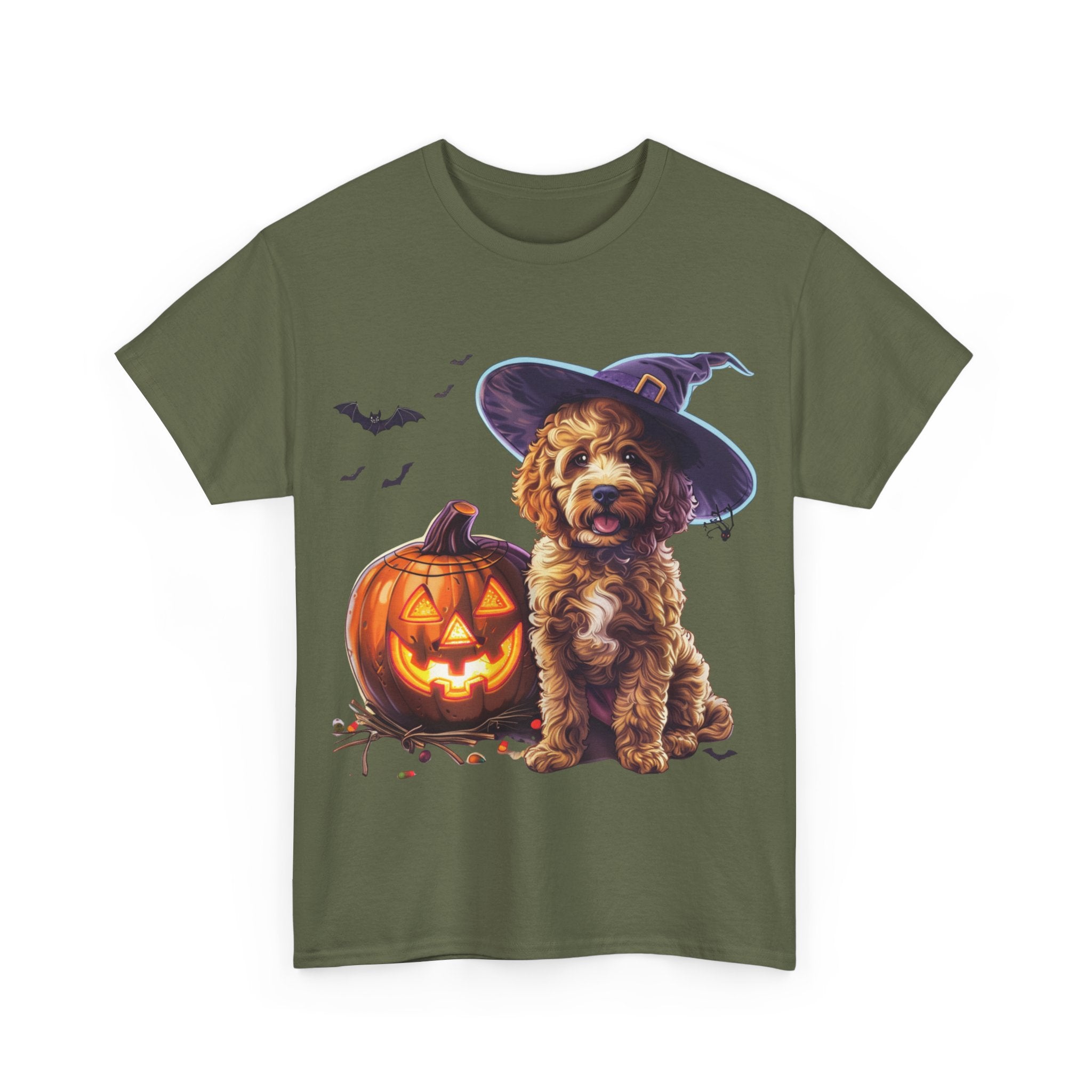 Printify T-Shirt Halloween Cockapoo Witch Hat & Glowing Pumpkin Unisex Cotton Tee