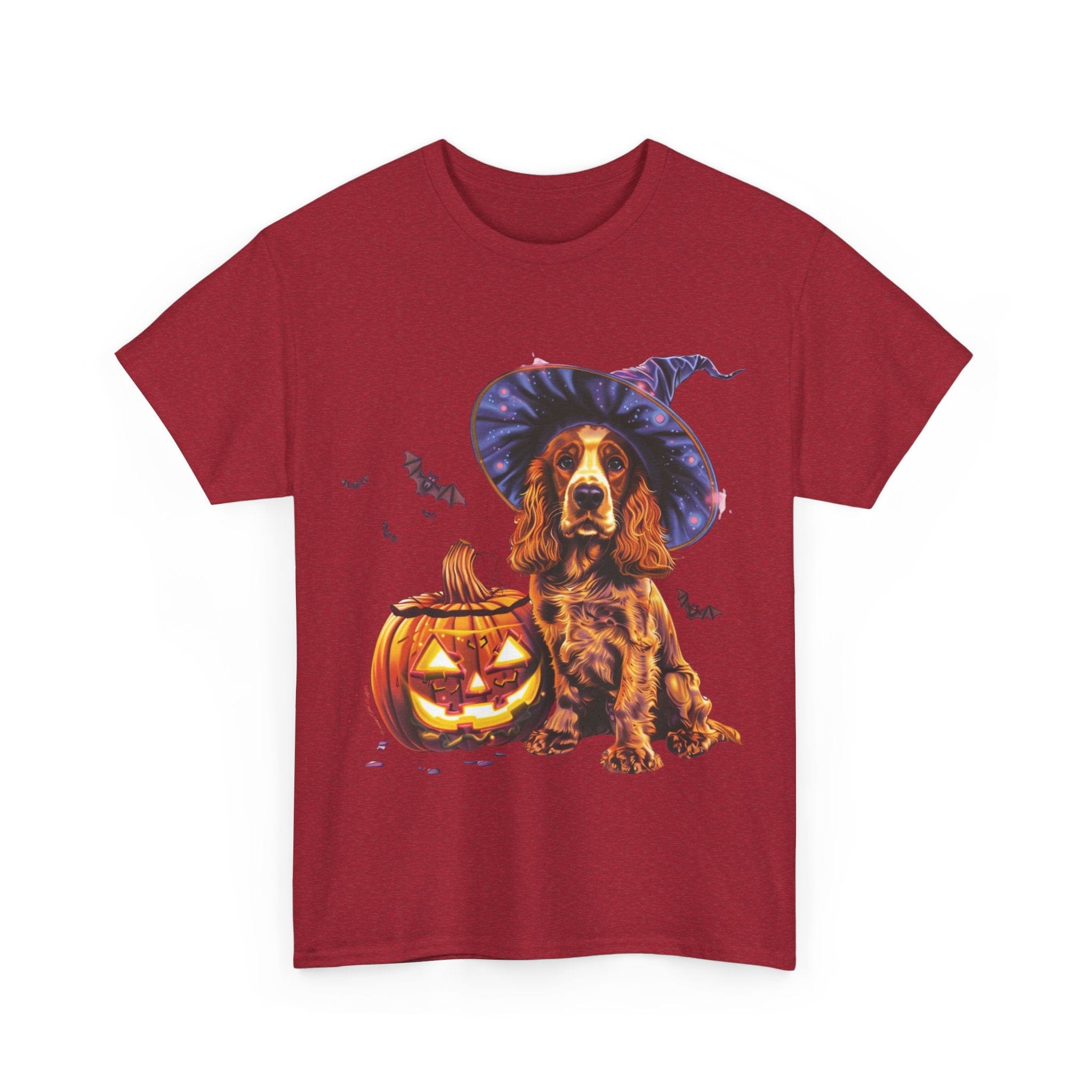 Printify T-Shirt Halloween Cocker Spaniel Witch Hat and Pumpkin Unisex Cotton Tee