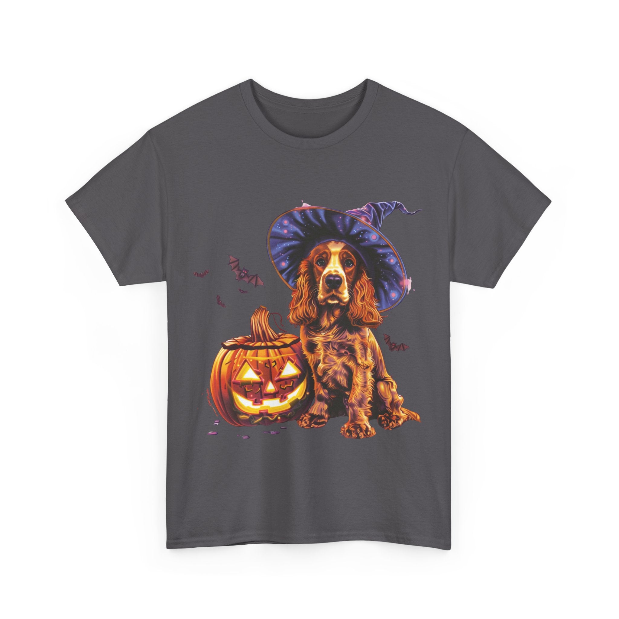 Printify T-Shirt Halloween Cocker Spaniel Witch Hat and Pumpkin Unisex Cotton Tee