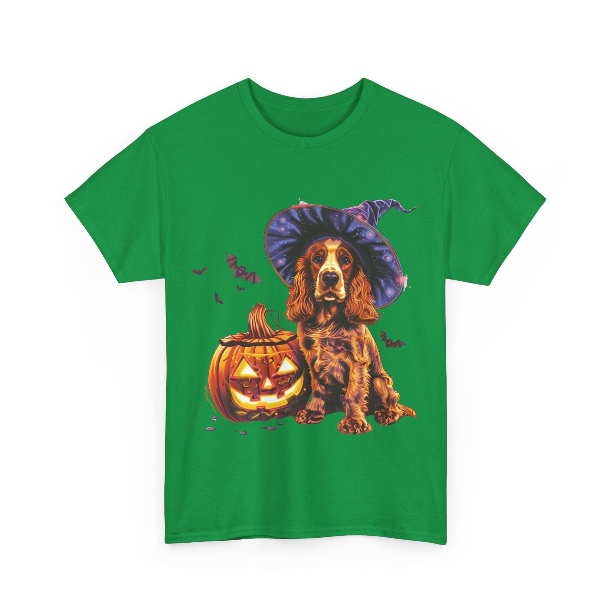 Printify T-Shirt Halloween Cocker Spaniel Witch Hat and Pumpkin Unisex Cotton Tee