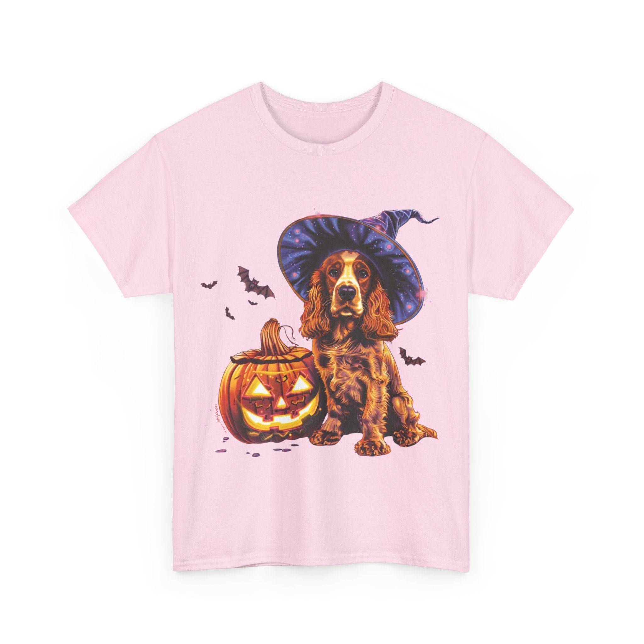 Printify T-Shirt Halloween Cocker Spaniel Witch Hat and Pumpkin Unisex Cotton Tee