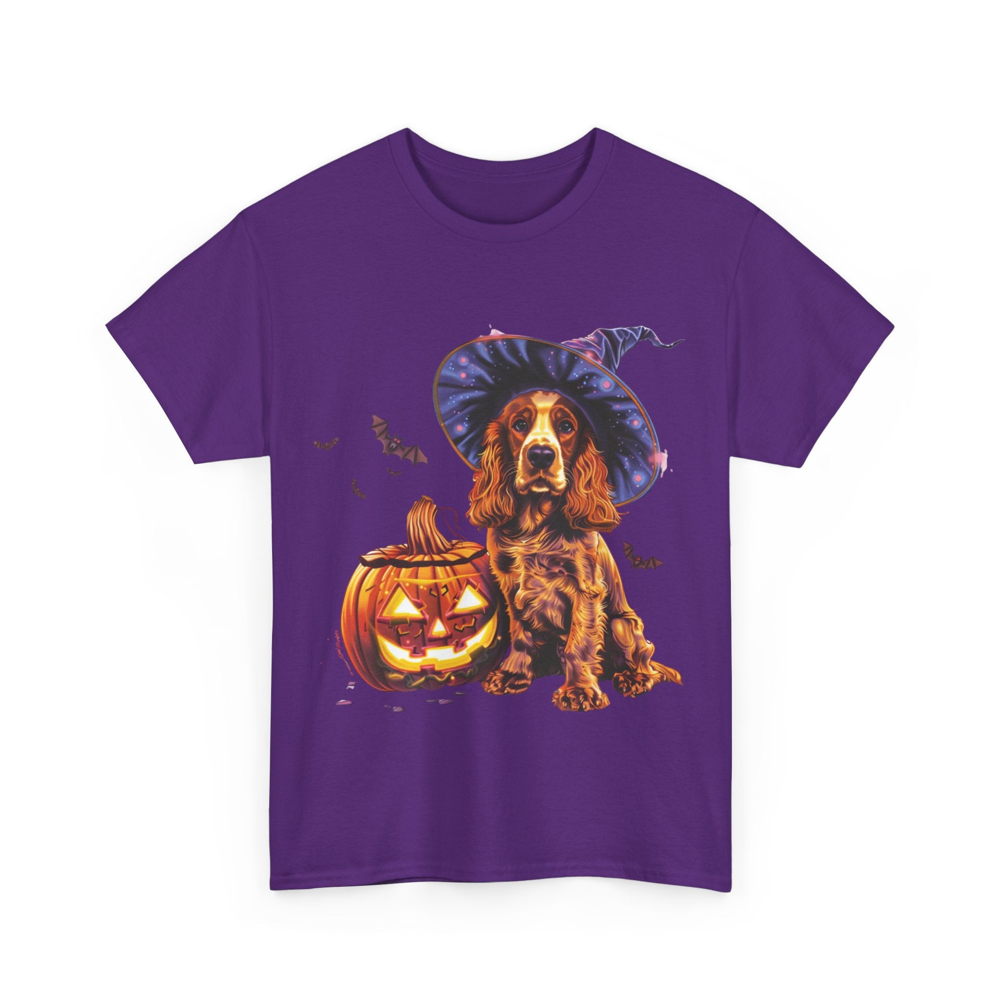 Printify T-Shirt Halloween Cocker Spaniel Witch Hat and Pumpkin Unisex Cotton Tee