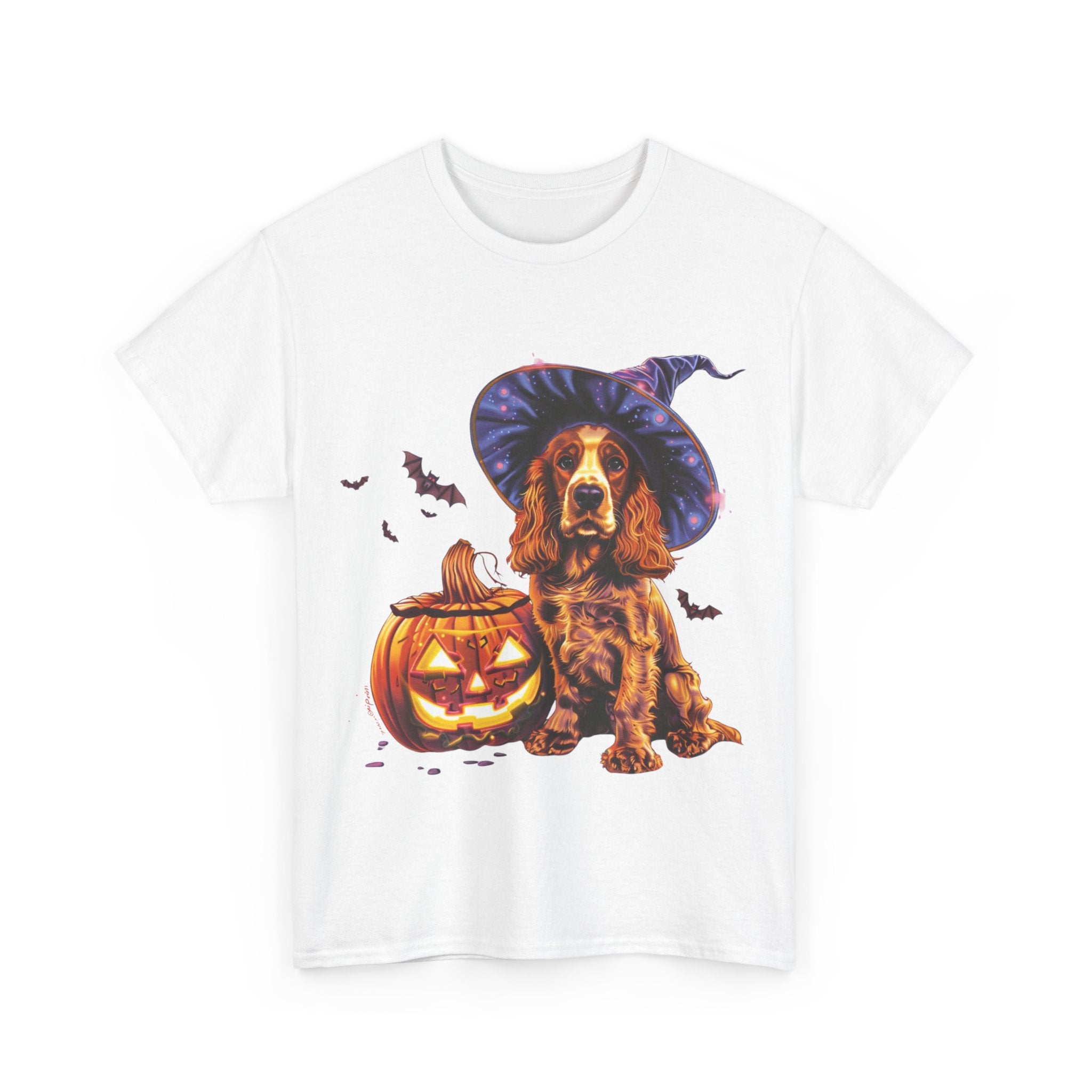 Printify T-Shirt Halloween Cocker Spaniel Witch Hat and Pumpkin Unisex Cotton Tee