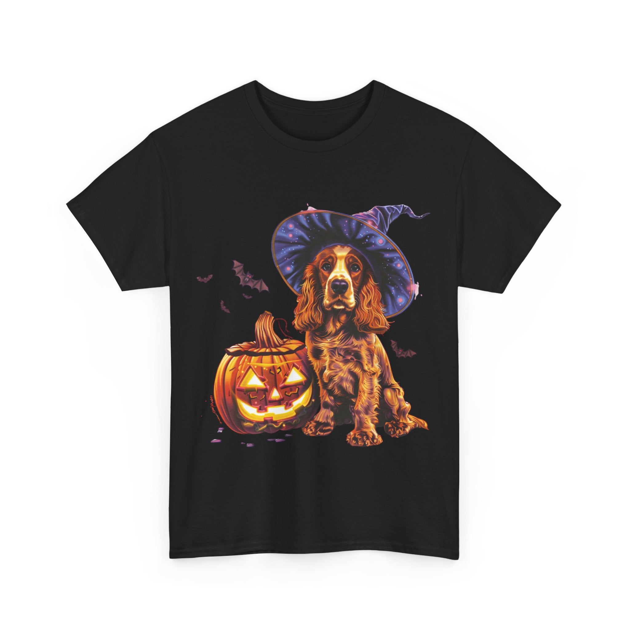 Printify T-Shirt Halloween Cocker Spaniel Witch Hat and Pumpkin Unisex Cotton Tee