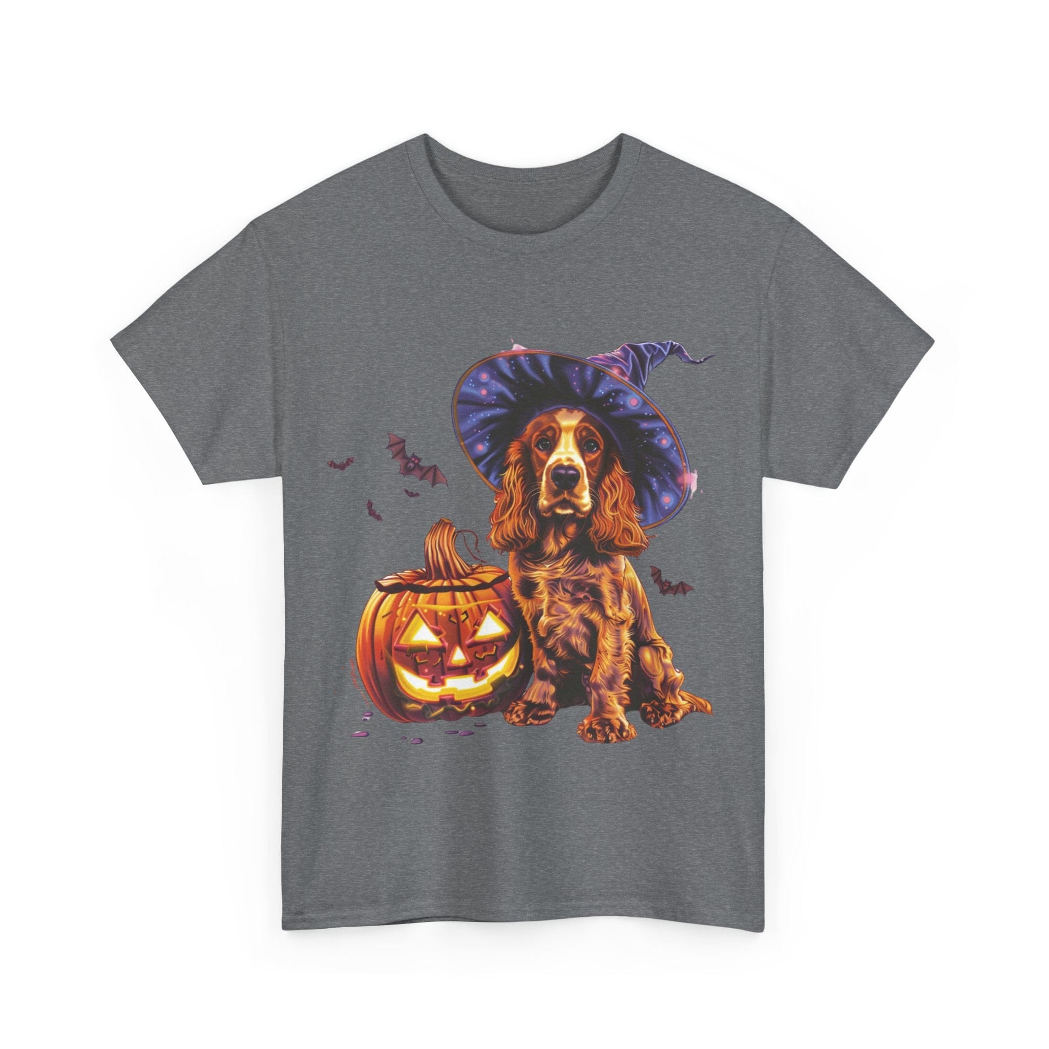 Printify T-Shirt Halloween Cocker Spaniel Witch Hat and Pumpkin Unisex Cotton Tee