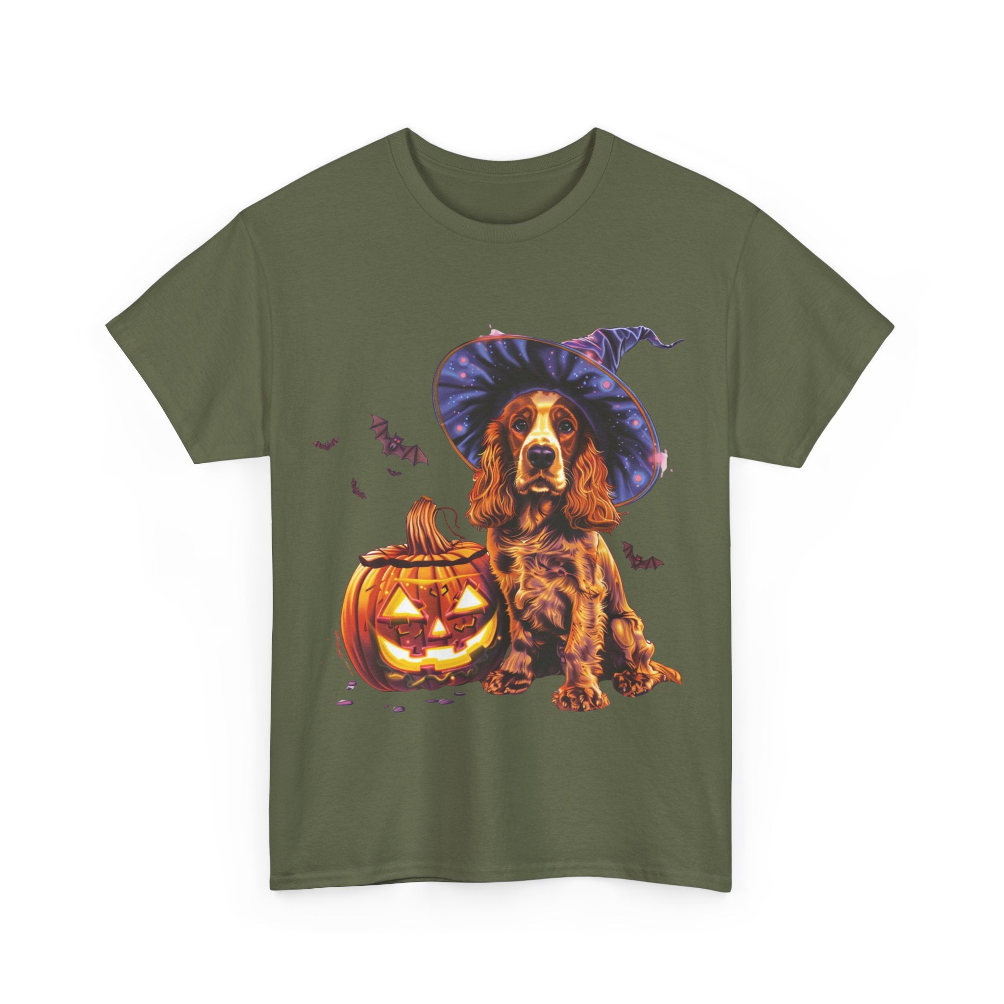 Printify T-Shirt Halloween Cocker Spaniel Witch Hat and Pumpkin Unisex Cotton Tee