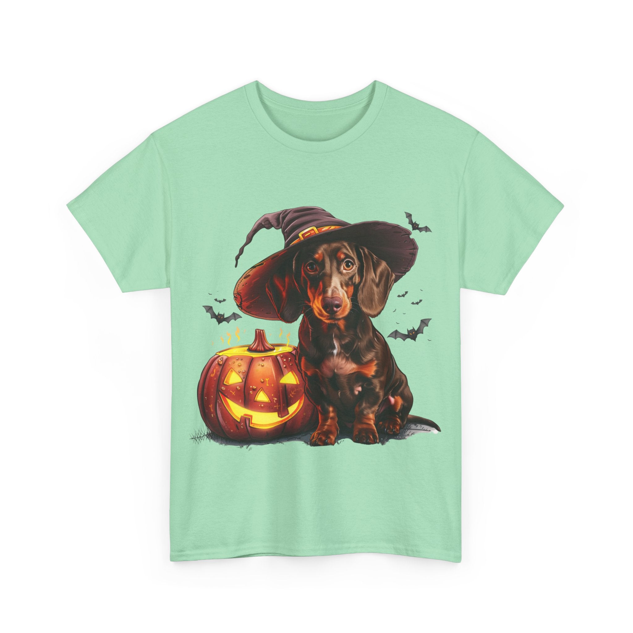 Printify T-Shirt Halloween Dachshund in Witch Hat Tee – Unisex Cotton Shirt