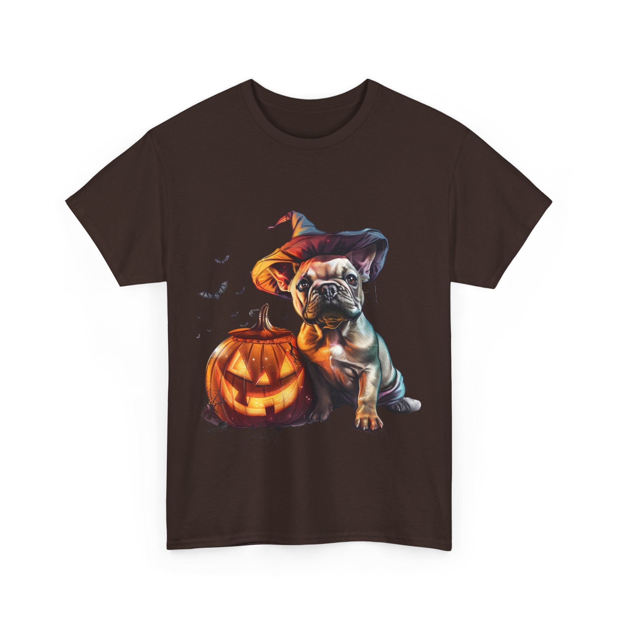 Printify T-Shirt Halloween French Bulldog with Pumpkin and Witch Hat Unisex Cotton Tee