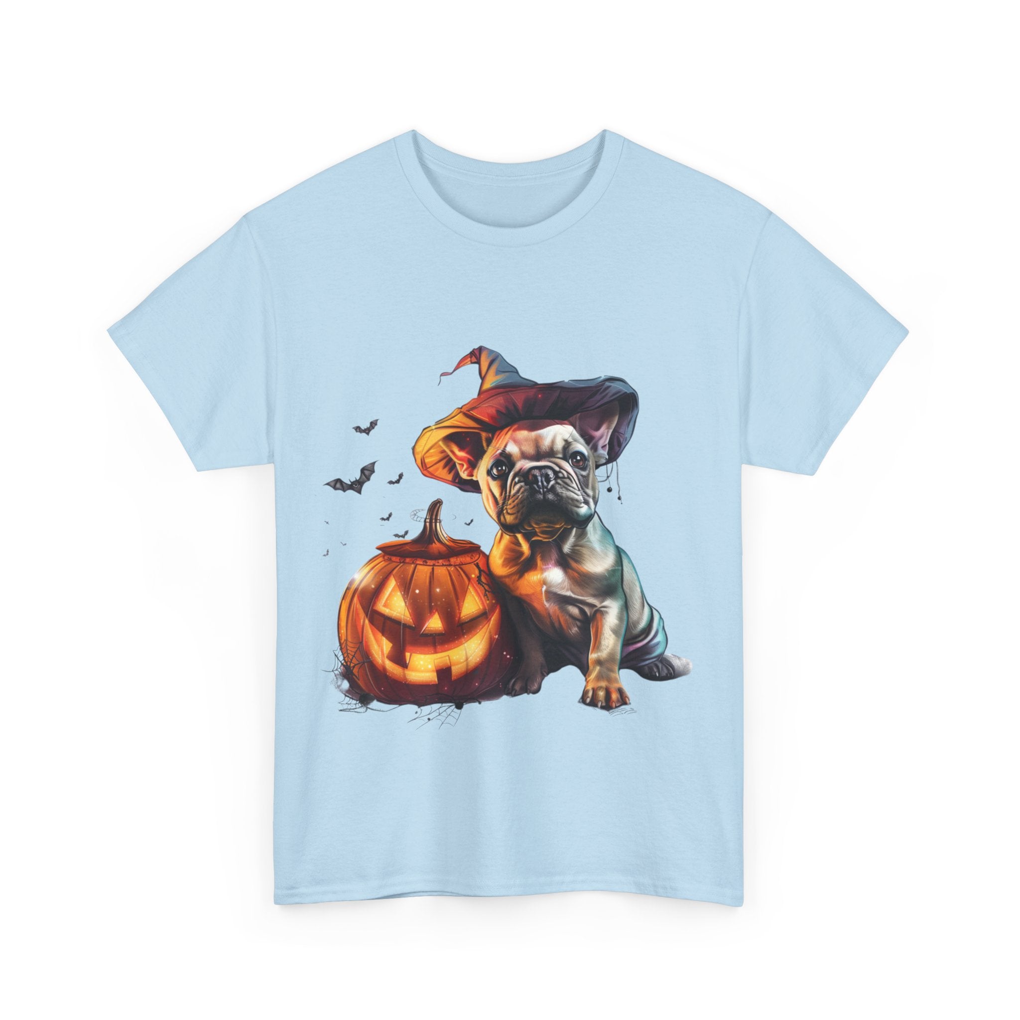 Printify T-Shirt Halloween French Bulldog with Pumpkin and Witch Hat Unisex Cotton Tee