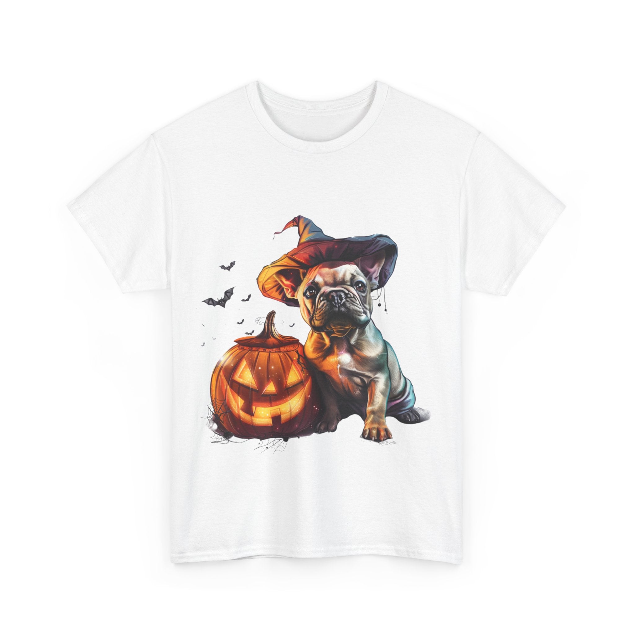 Printify T-Shirt Halloween French Bulldog with Pumpkin and Witch Hat Unisex Cotton Tee