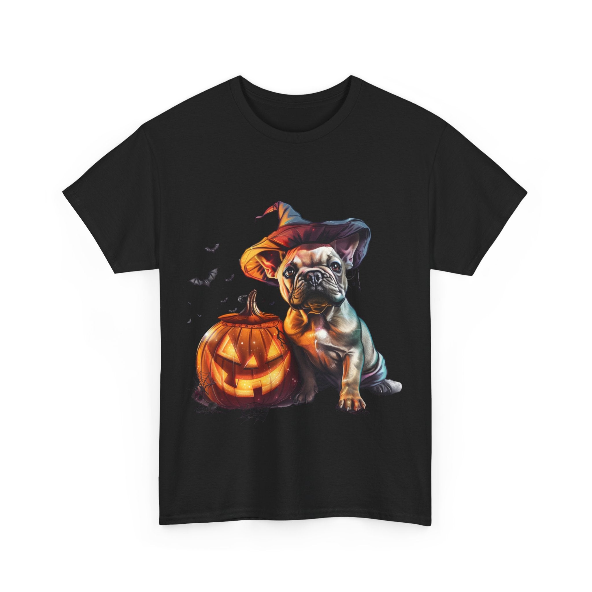 Printify T-Shirt Halloween French Bulldog with Pumpkin and Witch Hat Unisex Cotton Tee