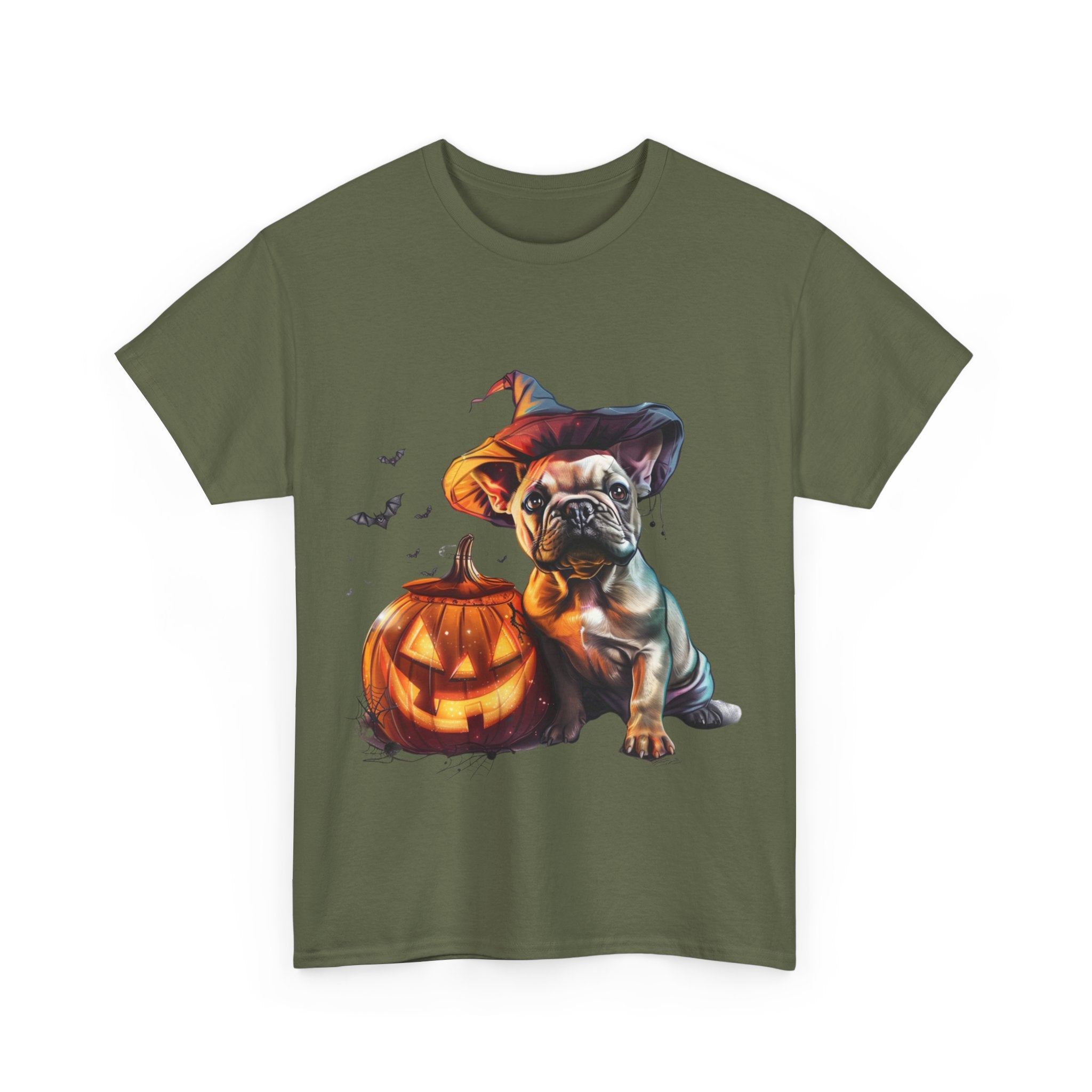 Printify T-Shirt Halloween French Bulldog with Pumpkin and Witch Hat Unisex Cotton Tee