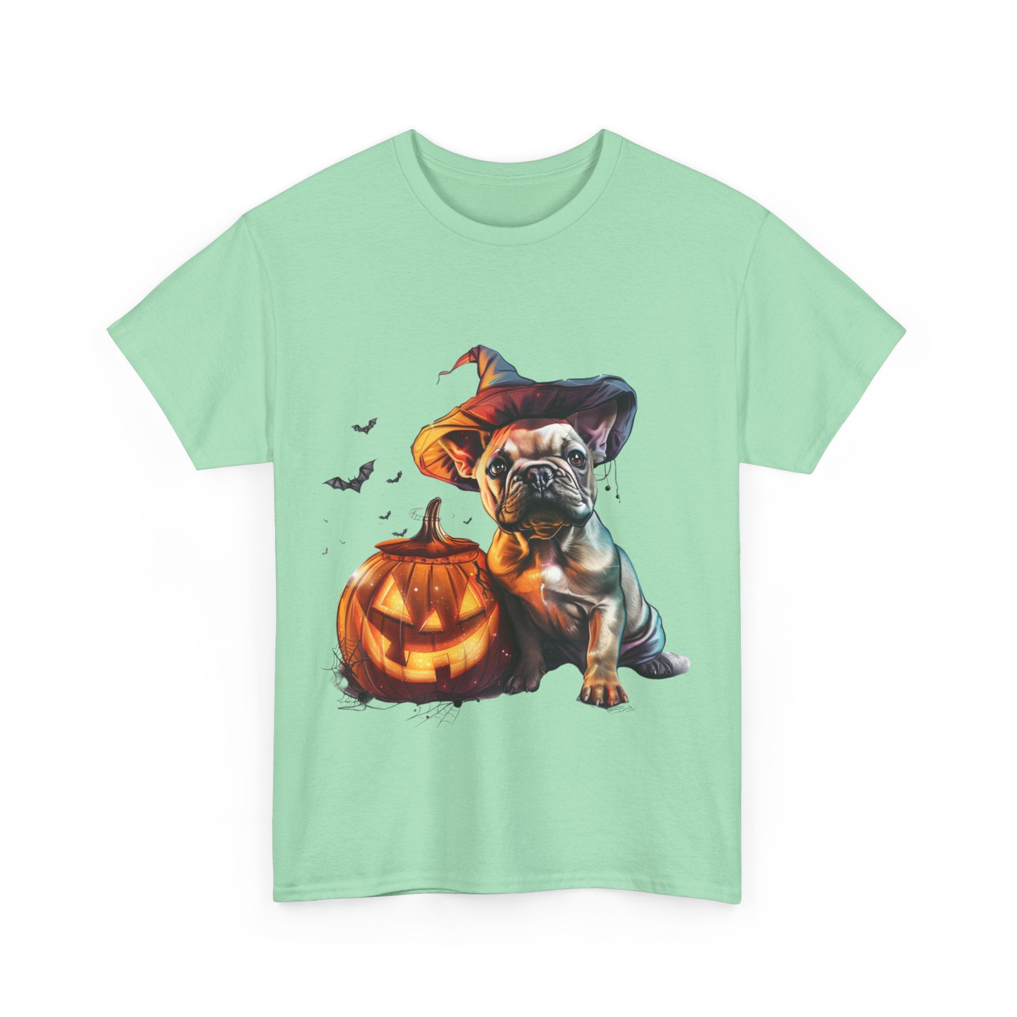 Printify T-Shirt Halloween French Bulldog with Pumpkin and Witch Hat Unisex Cotton Tee