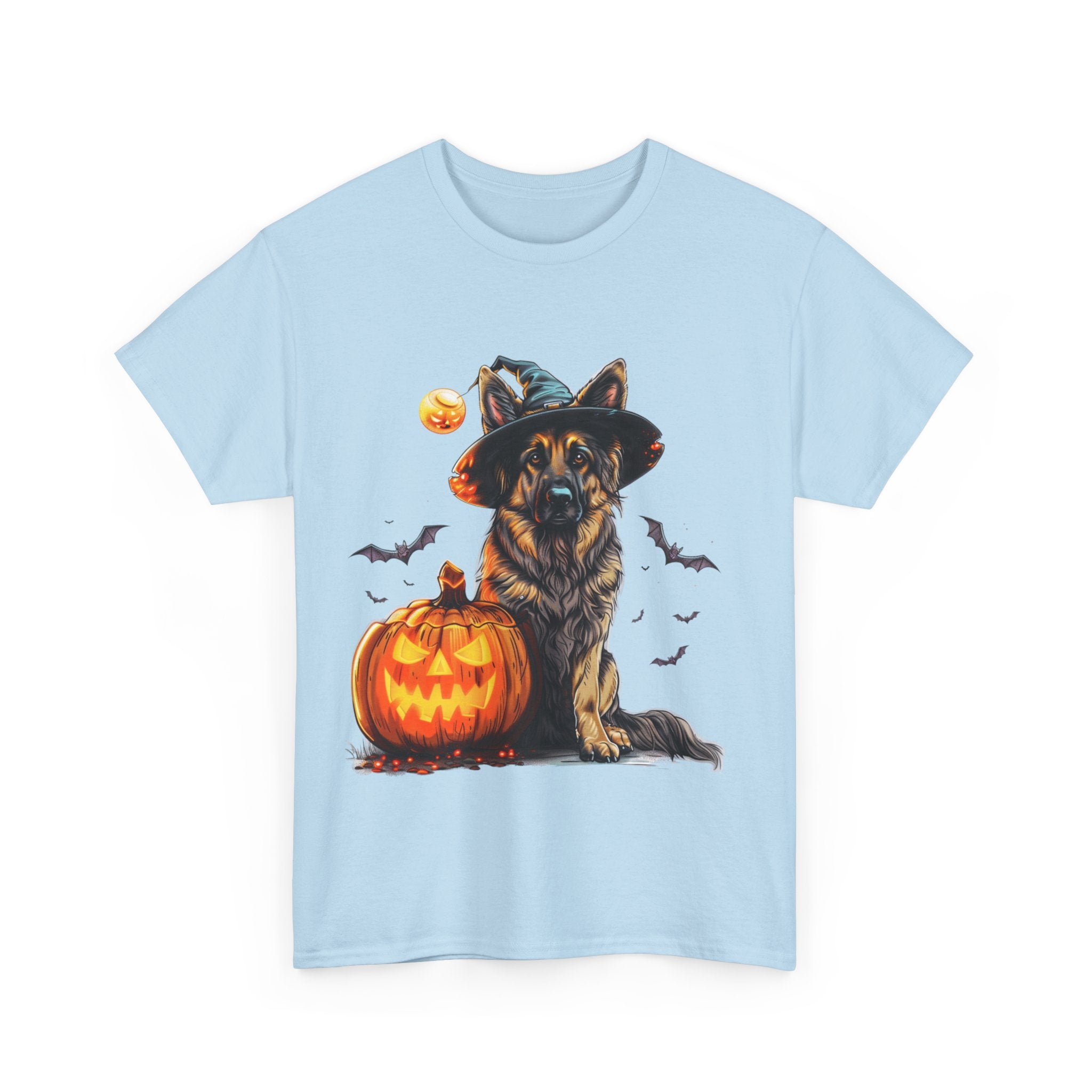 Printify T-Shirt Halloween German Shepherd with Witch Hat and Pumpkin Unisex Cotton Tee