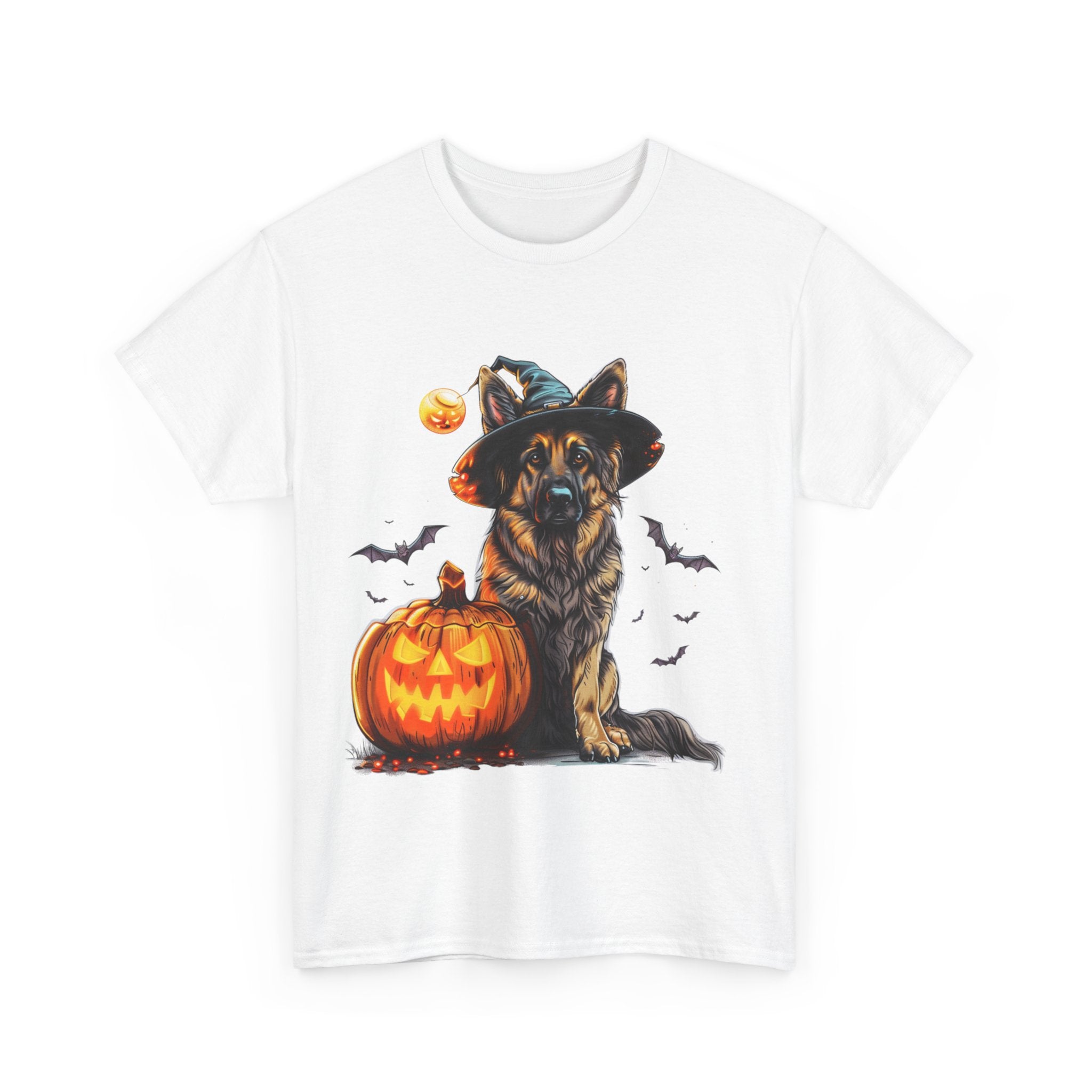 Printify T-Shirt Halloween German Shepherd with Witch Hat and Pumpkin Unisex Cotton Tee