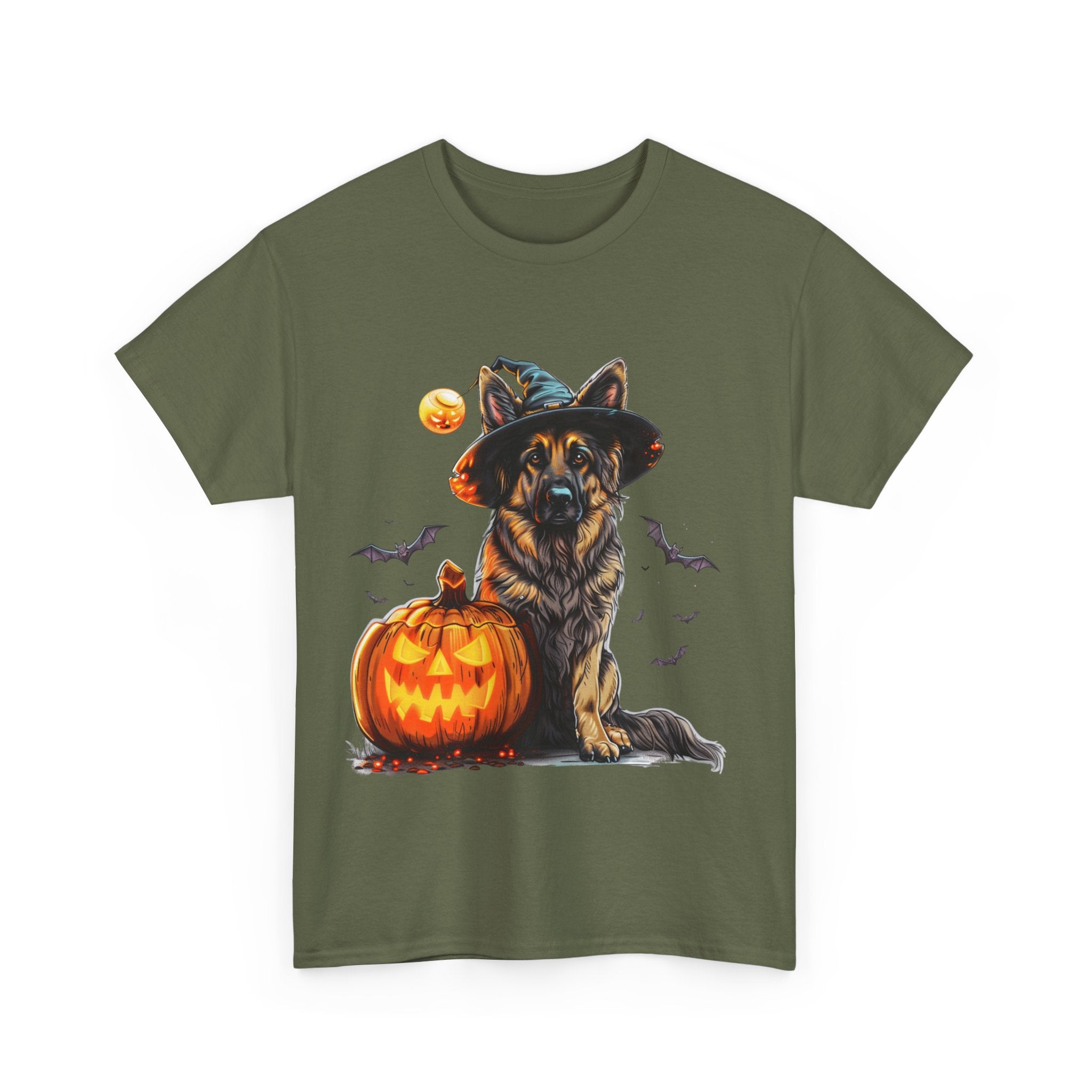 Printify T-Shirt Halloween German Shepherd with Witch Hat and Pumpkin Unisex Cotton Tee