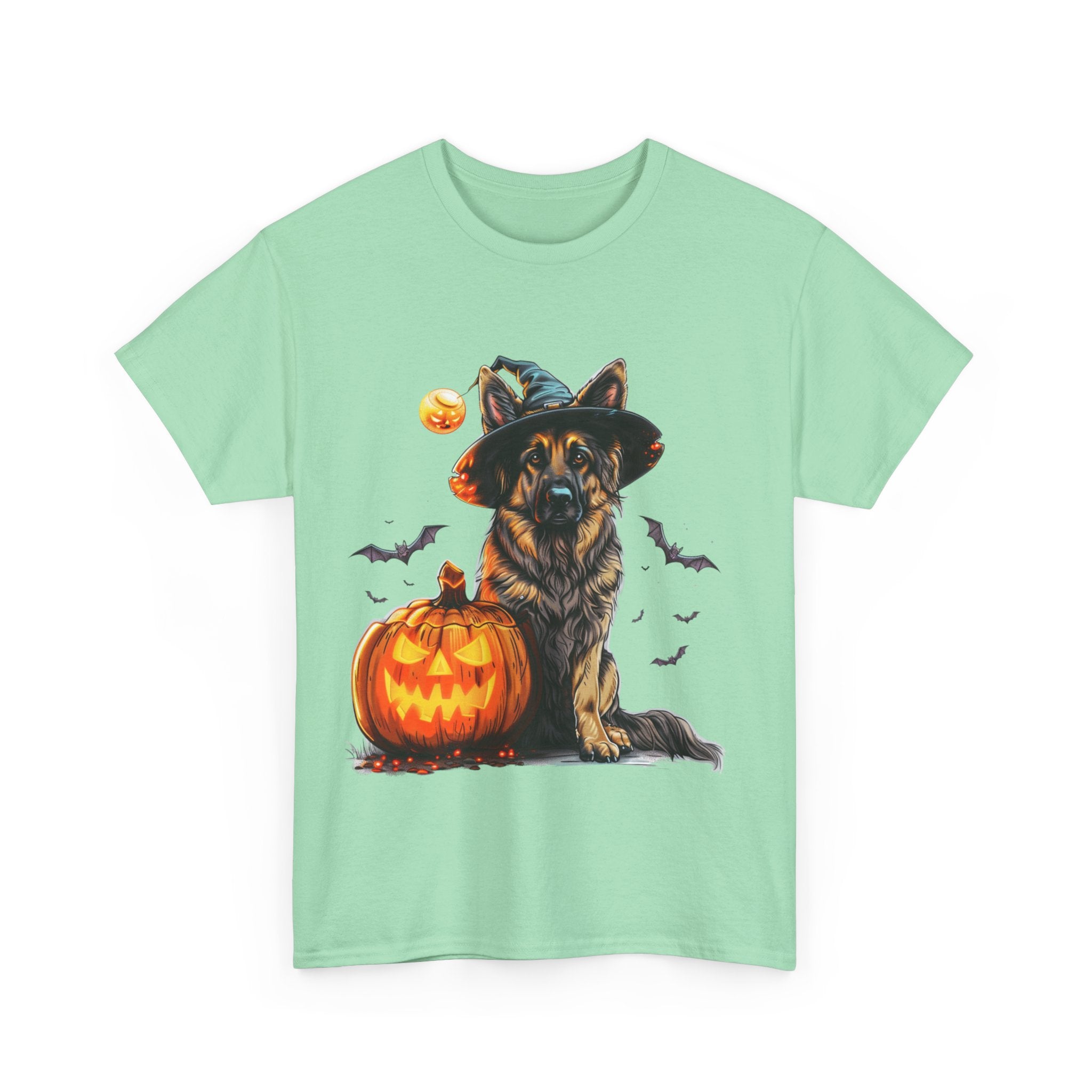 Printify T-Shirt Halloween German Shepherd with Witch Hat and Pumpkin Unisex Cotton Tee