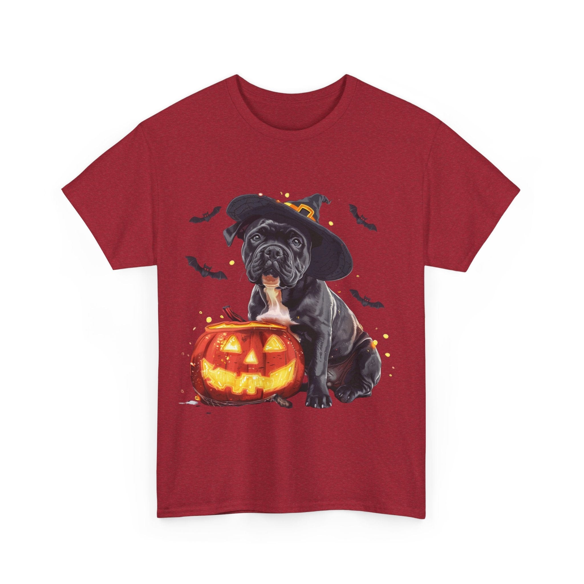 Printify T-Shirt Halloween Staffordshire Bull Terrier in Witch Hat Tee – Unisex Cotton Shirt